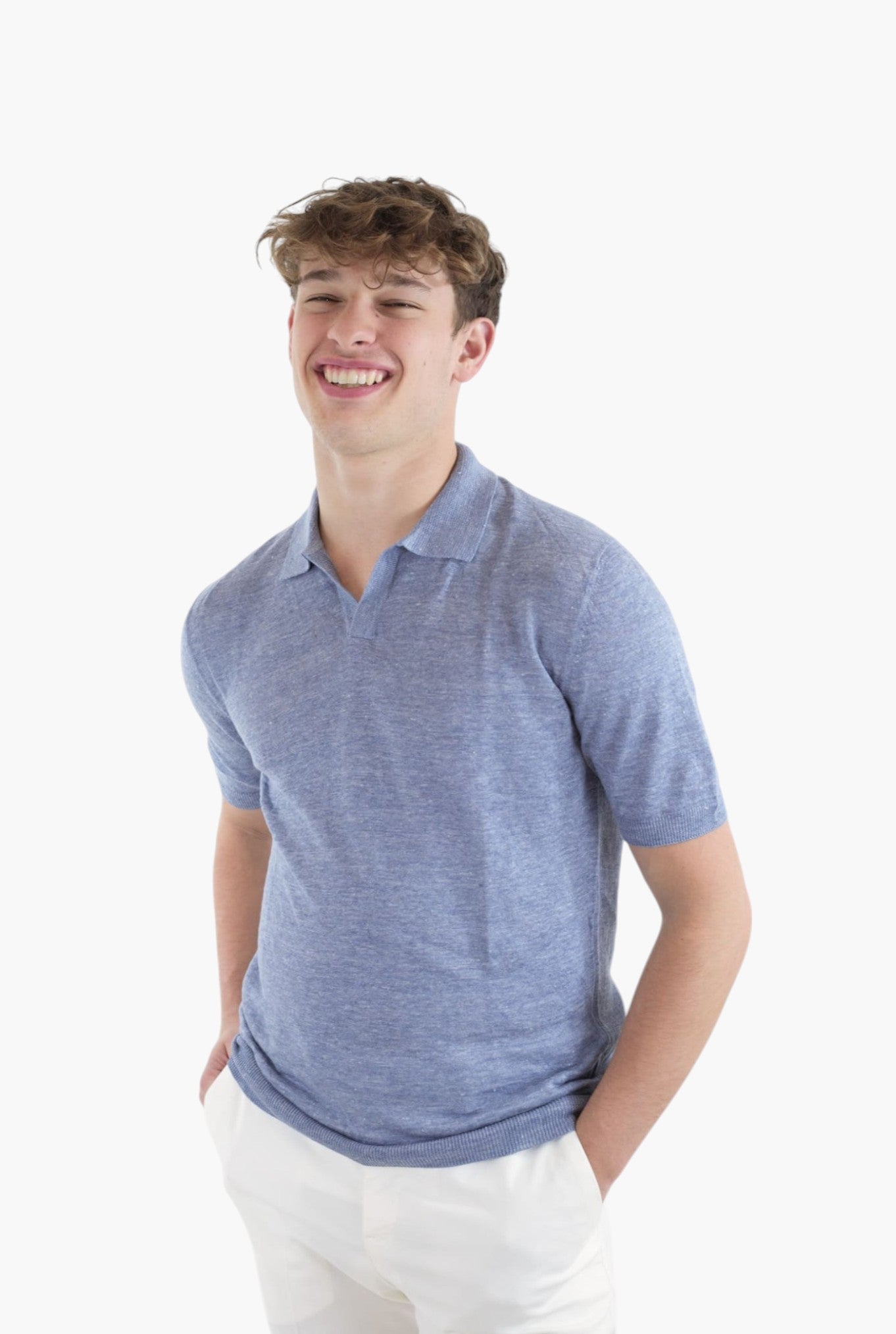 BARBA Polo Lino Maniche Corte Blu Denim Mélange