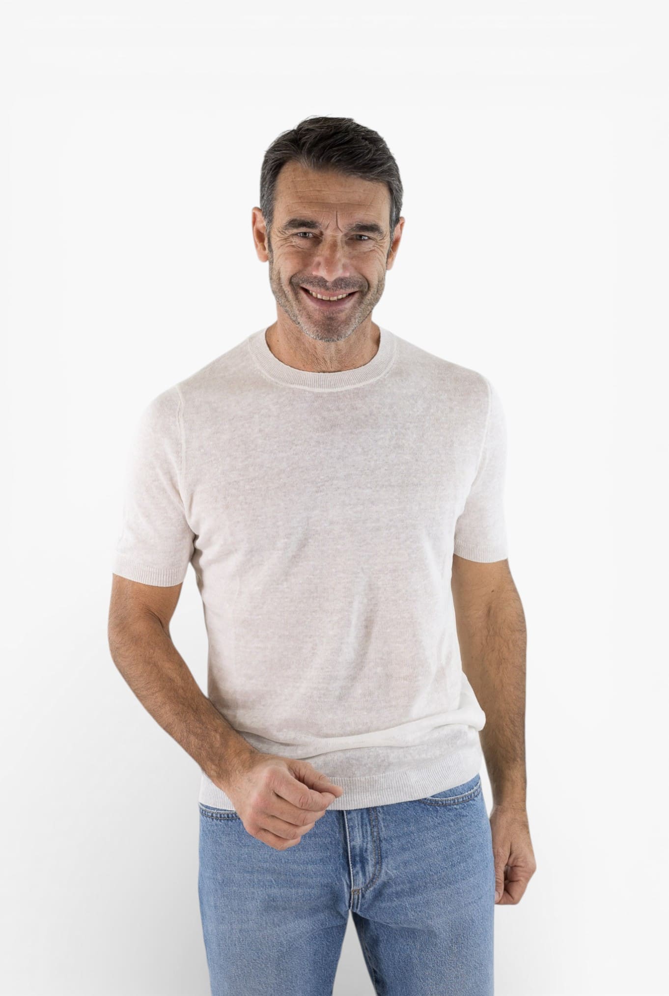 BARBA Girocollo Lino Maniche Corte Bianco Mélange