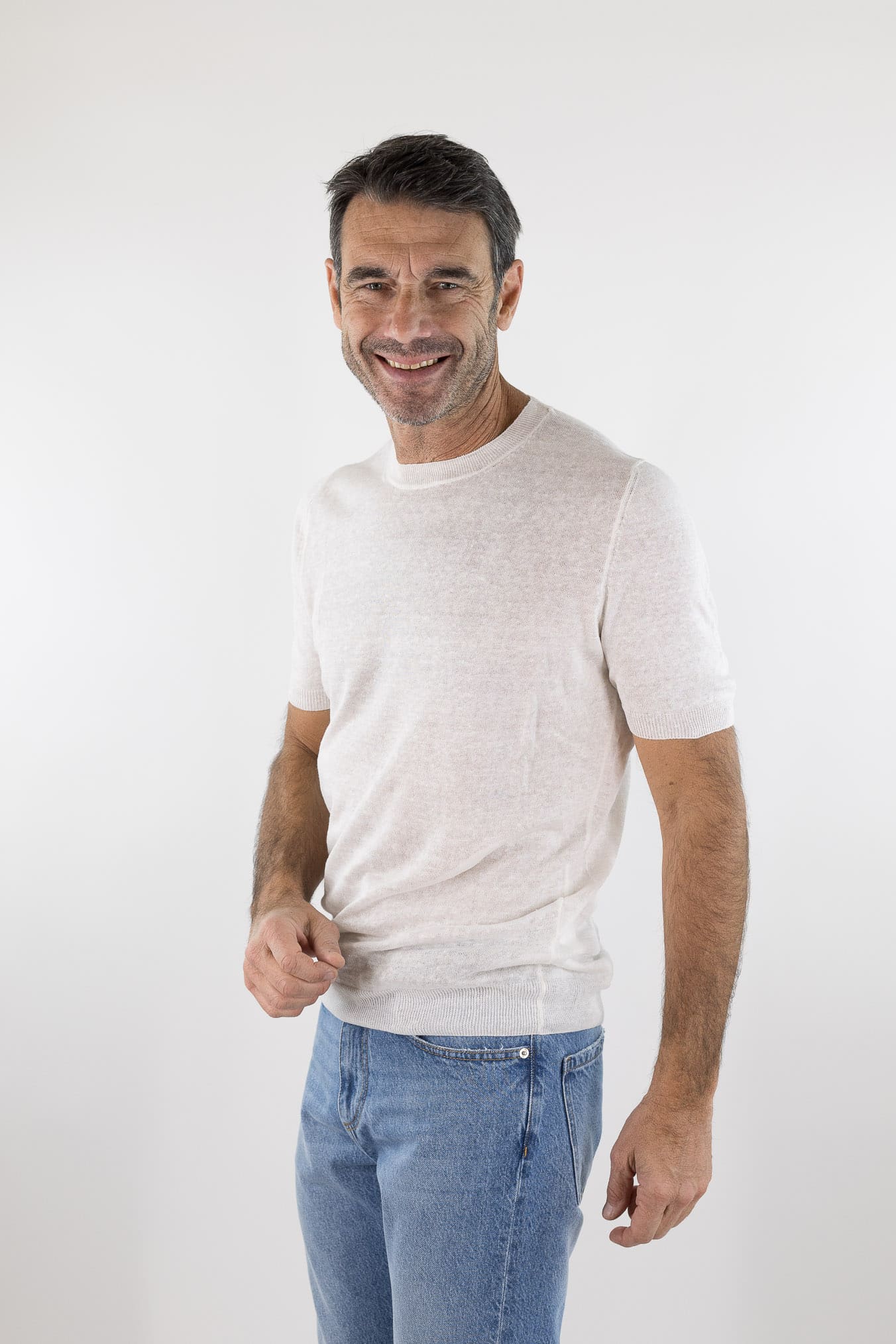 BARBA Girocollo Lino Maniche Corte Bianco Mélange