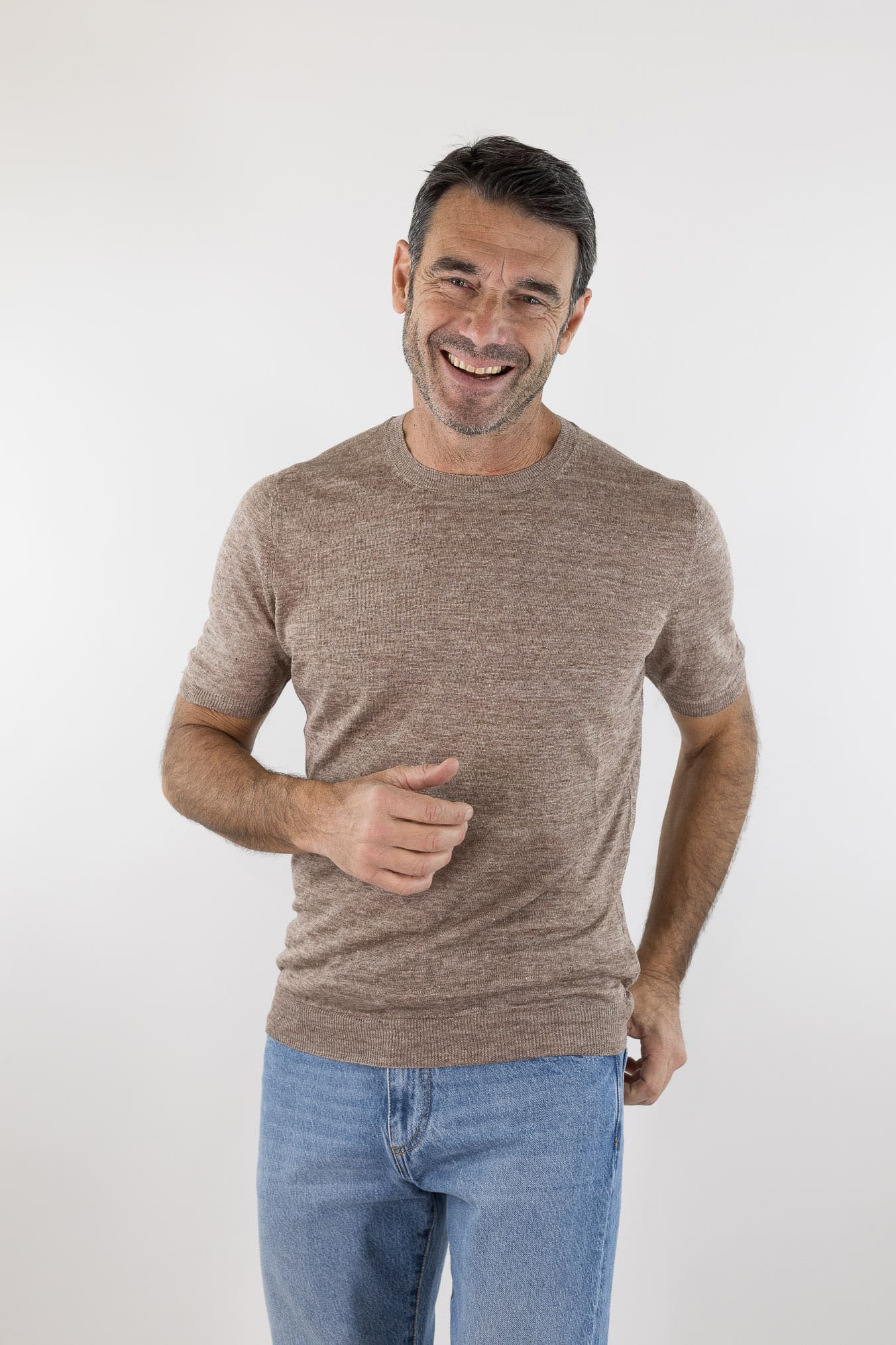 BARBA Girocollo Lino Maniche Corte Marrone Mélange