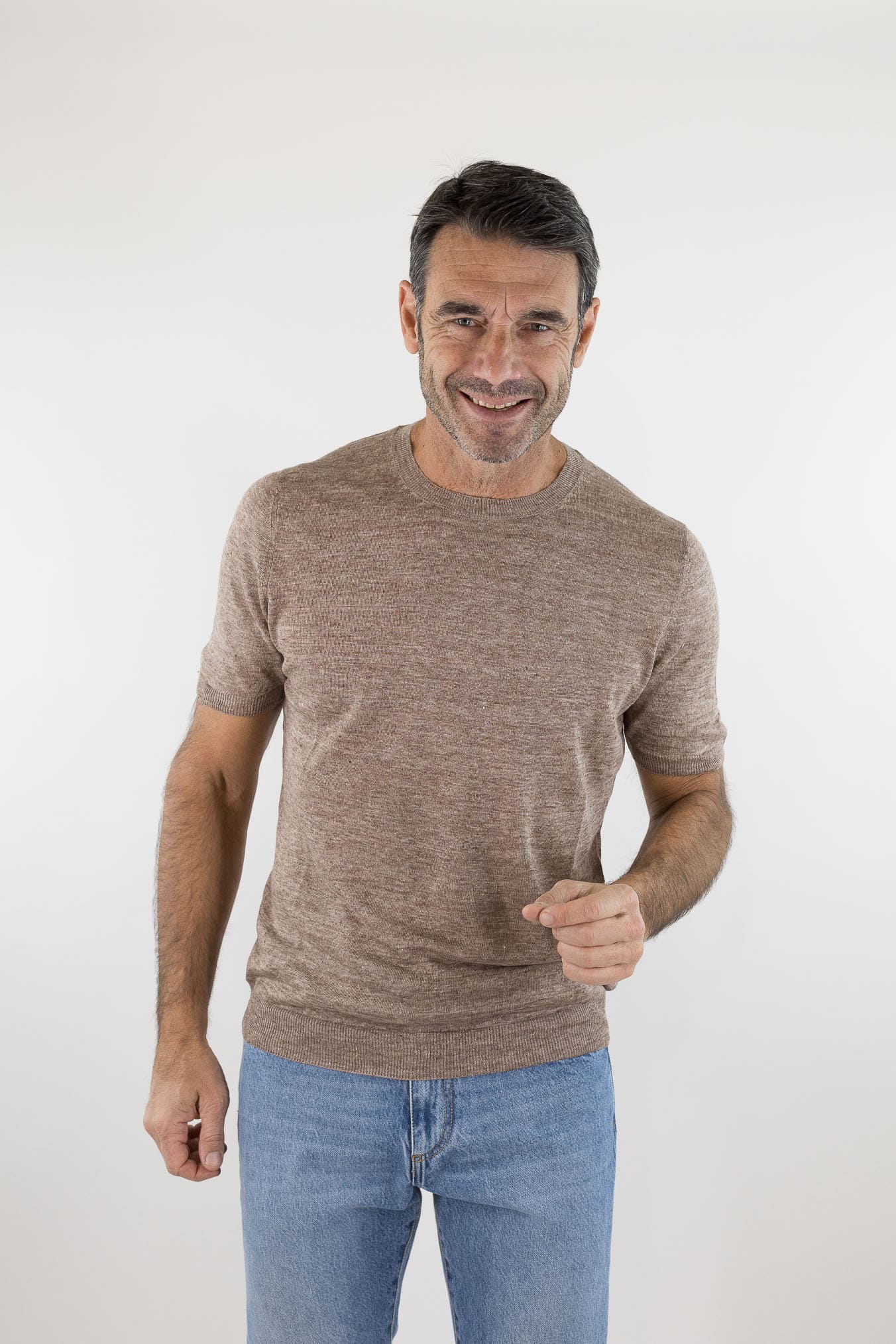 BARBA Girocollo Lino Maniche Corte Marrone Mélange