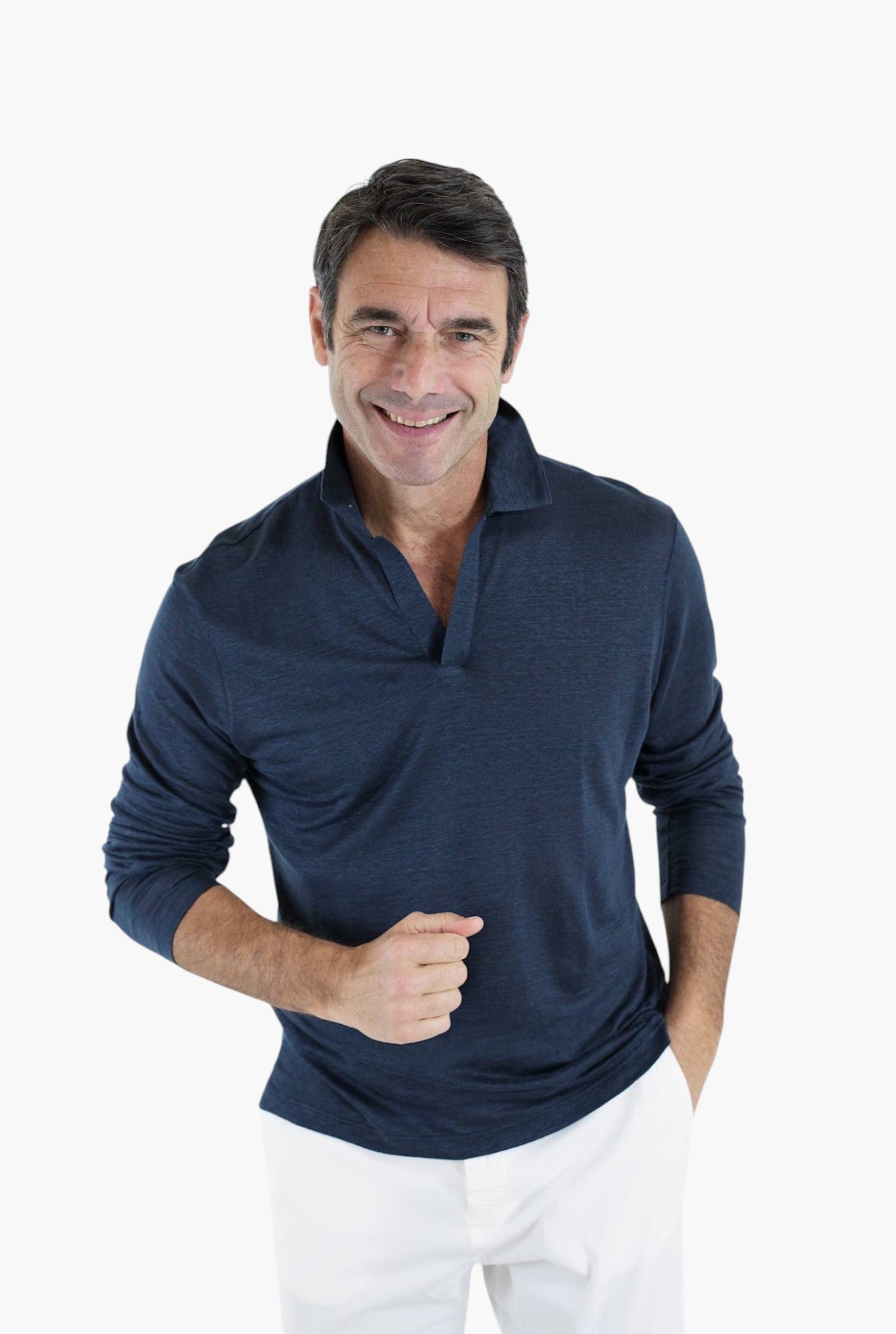 BARBA Polo Maniche Lunghe Jersey Lino Blu Petrolio