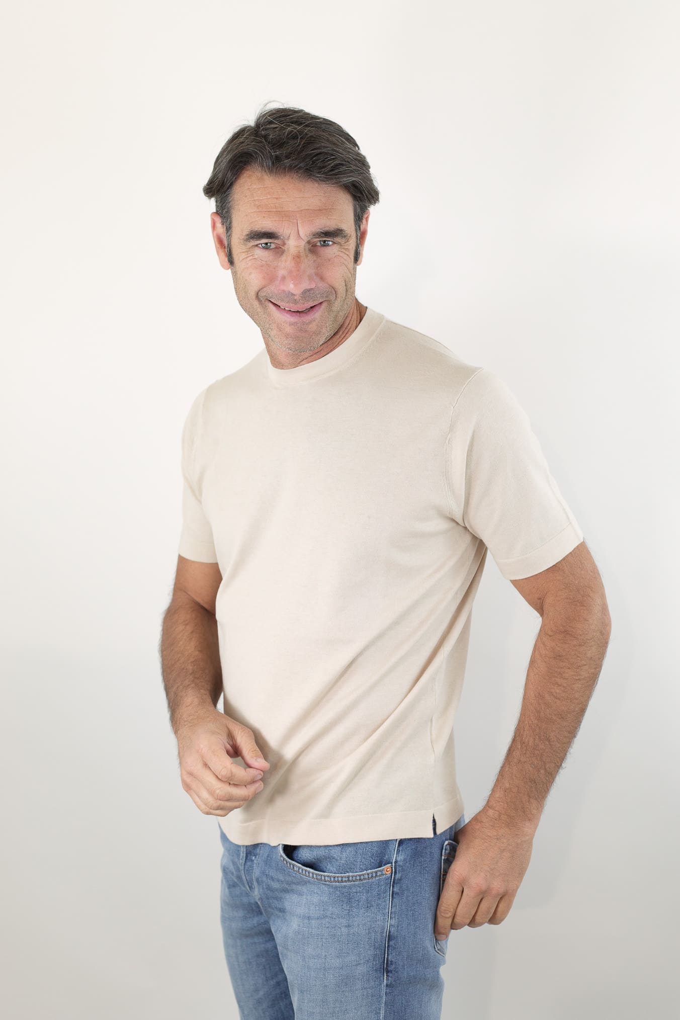 BRAMANI T-Shirt Cotone e Seta Beige