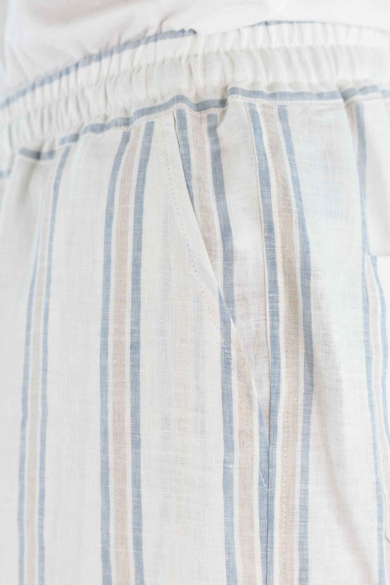 FEDELI Pantaloni Lino Rigato Comfort "Bonifacio" Bianco-Blu/Beige