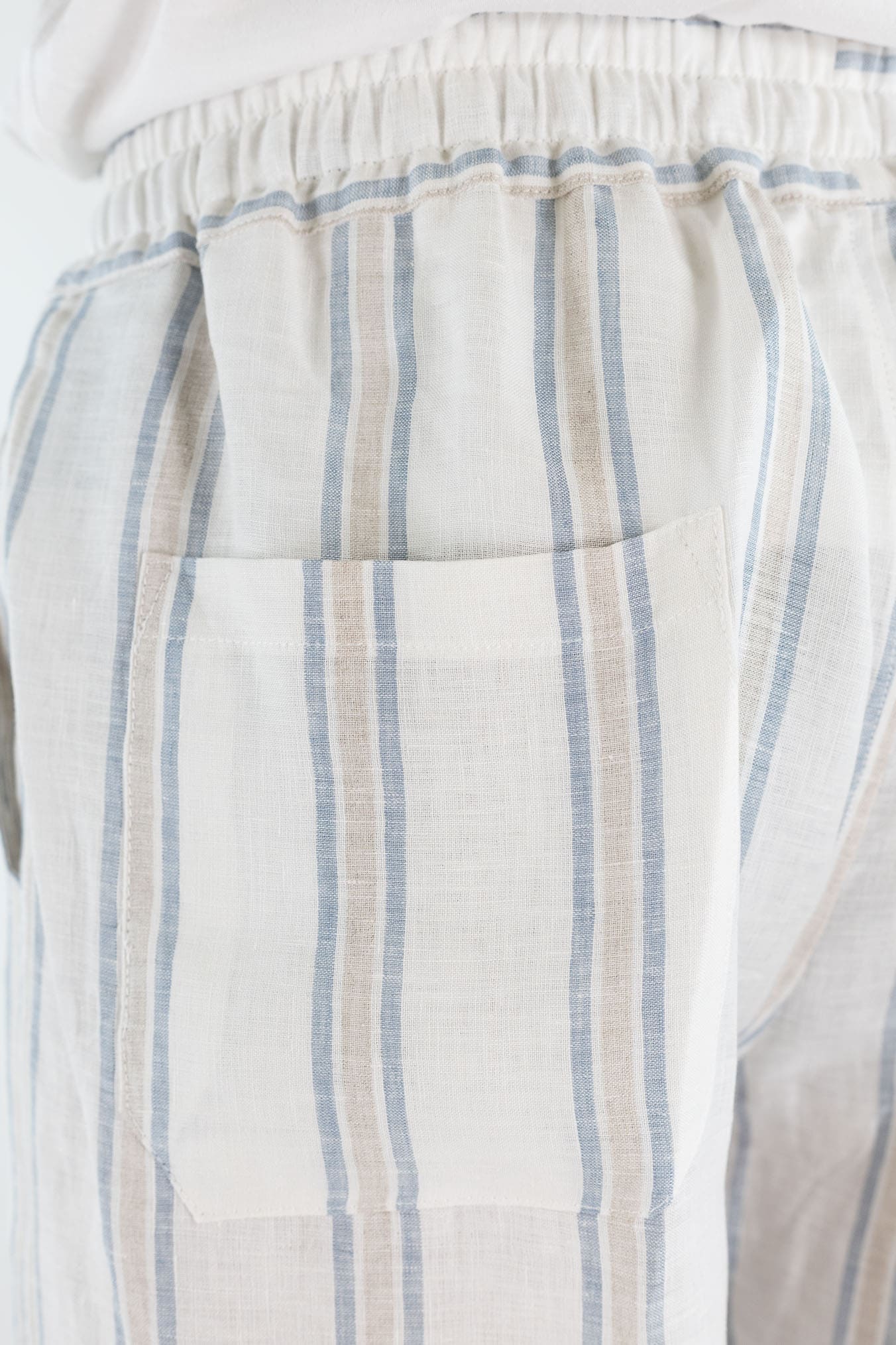 FEDELI Pantaloni Lino Rigato Comfort "Bonifacio" Bianco-Blu/Beige