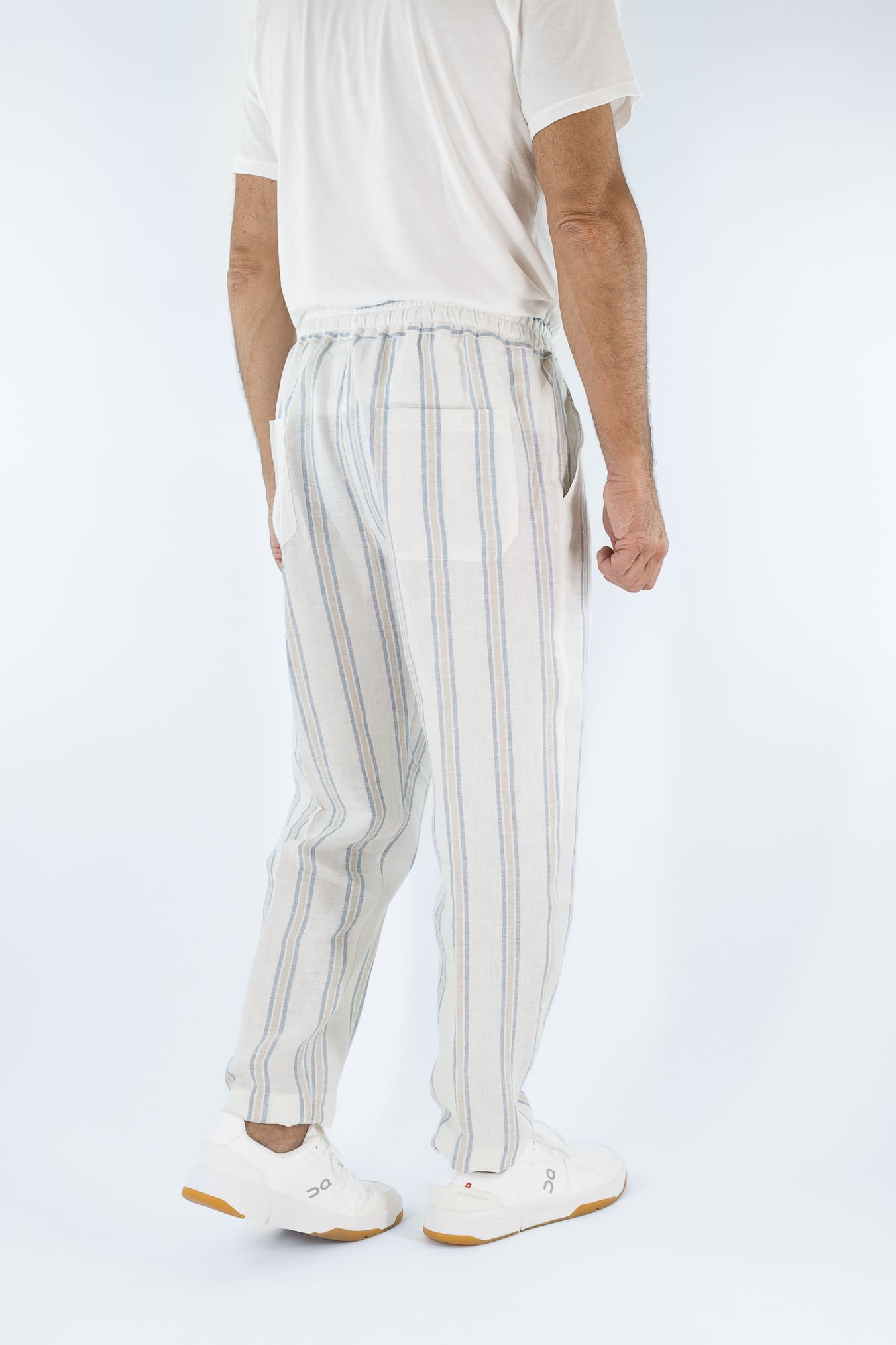 FEDELI Pantaloni Lino Rigato Comfort "Bonifacio" Bianco-Blu/Beige