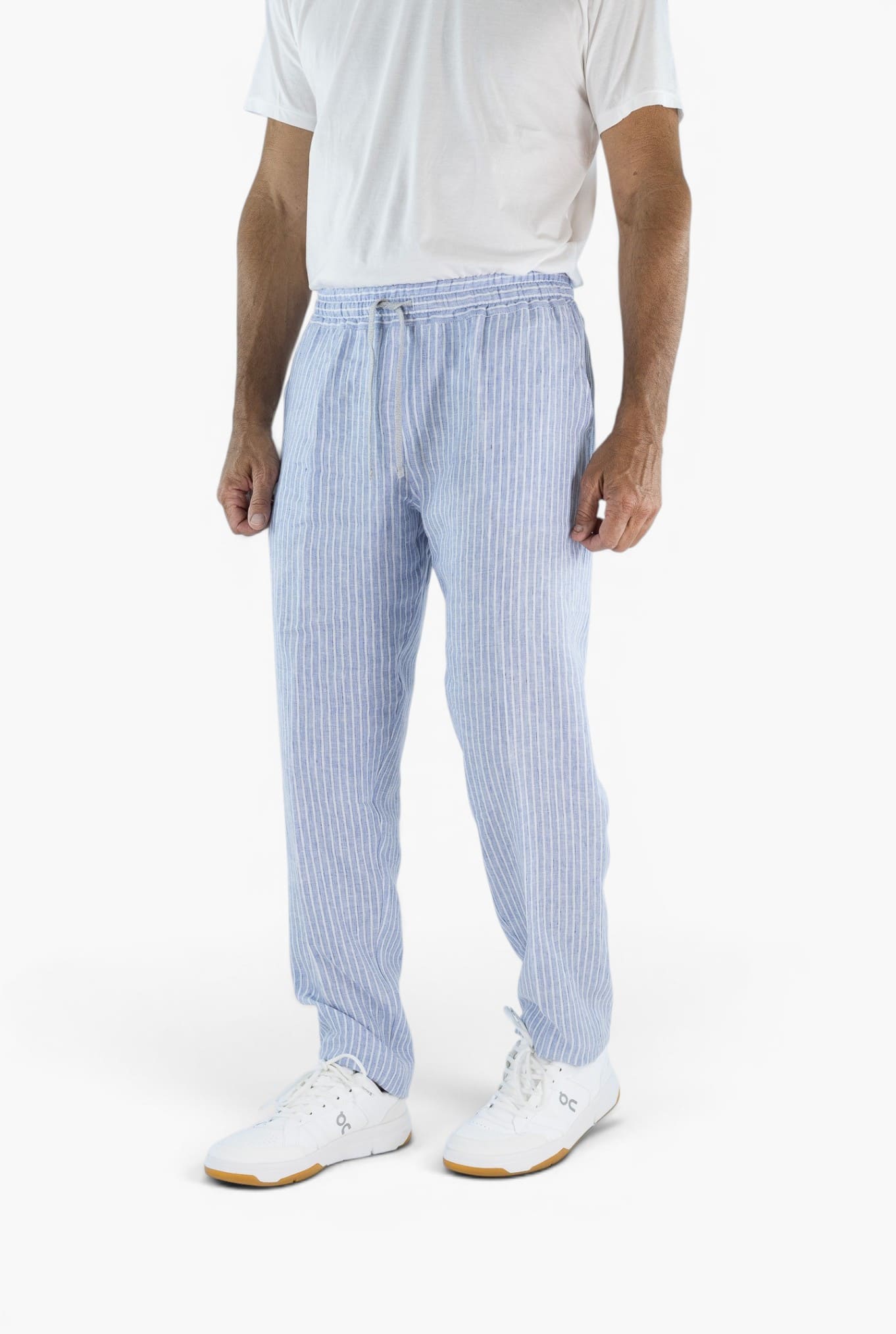 FEDELI Pantaloni Lino Rigato Comfort "Bonifacio" Celeste/Bianco