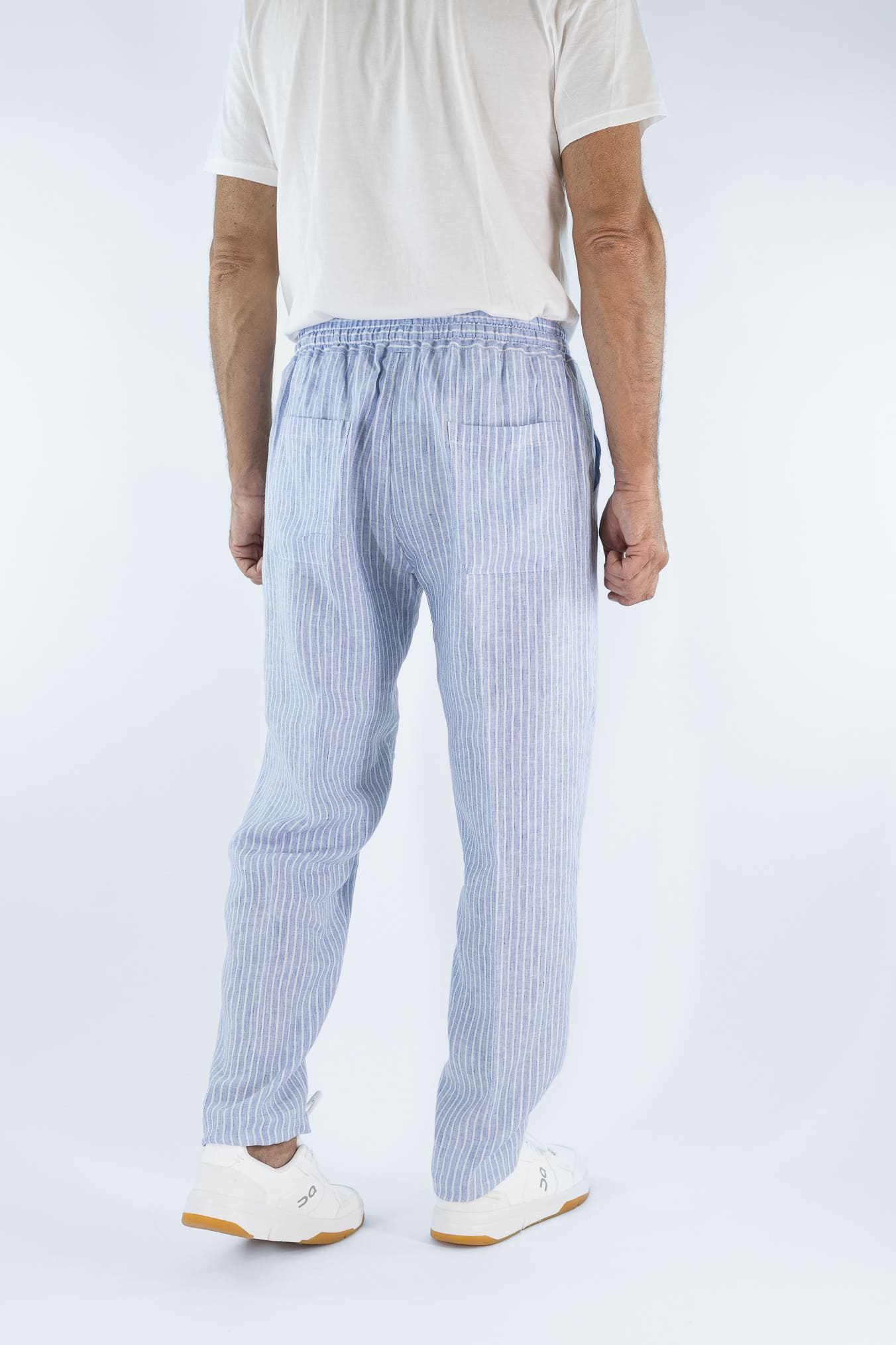 FEDELI Pantaloni Lino Rigato Comfort "Bonifacio" Celeste/Bianco