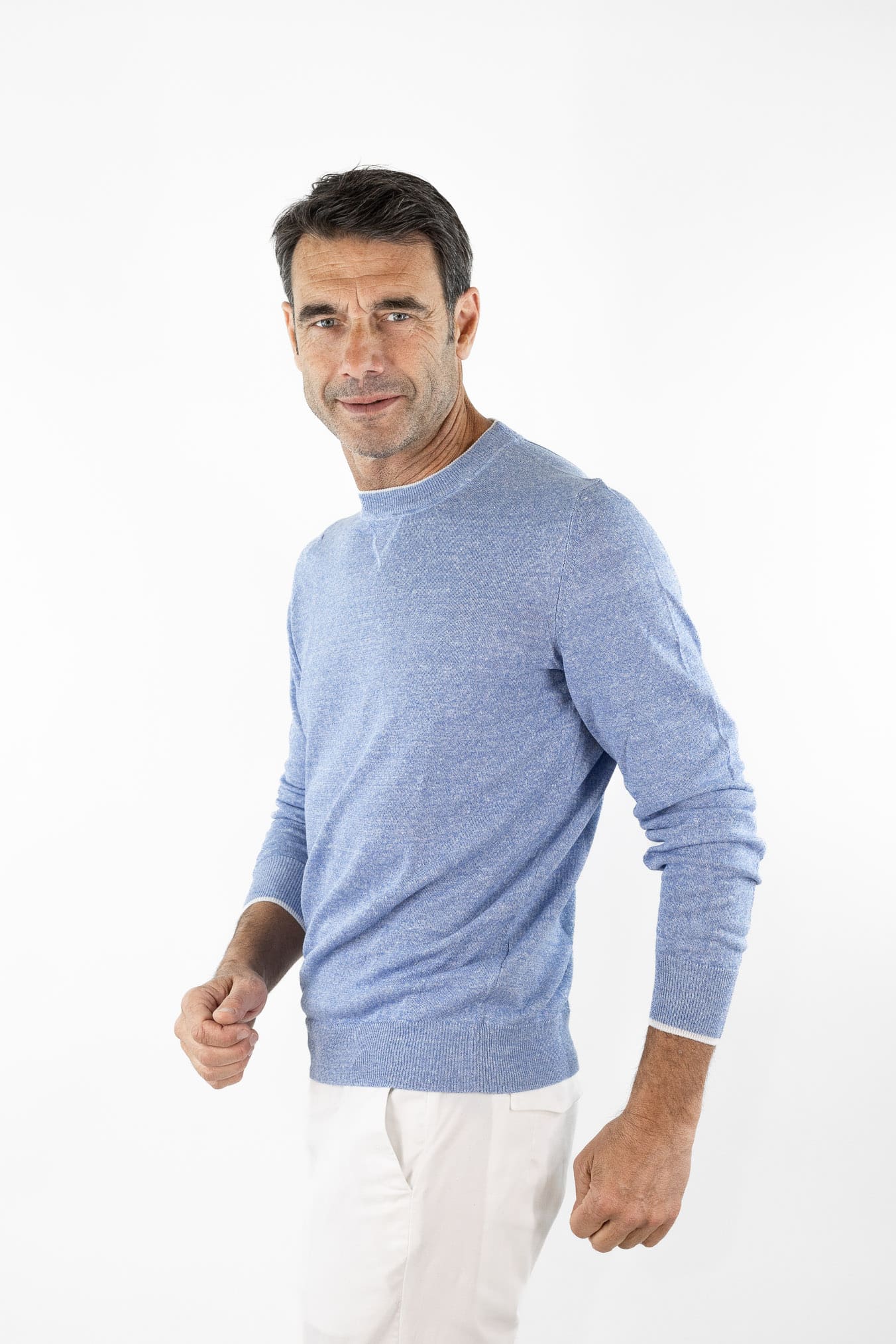 FEDELI Girocollo "David" Lino Cotone Bicolore Azzurro