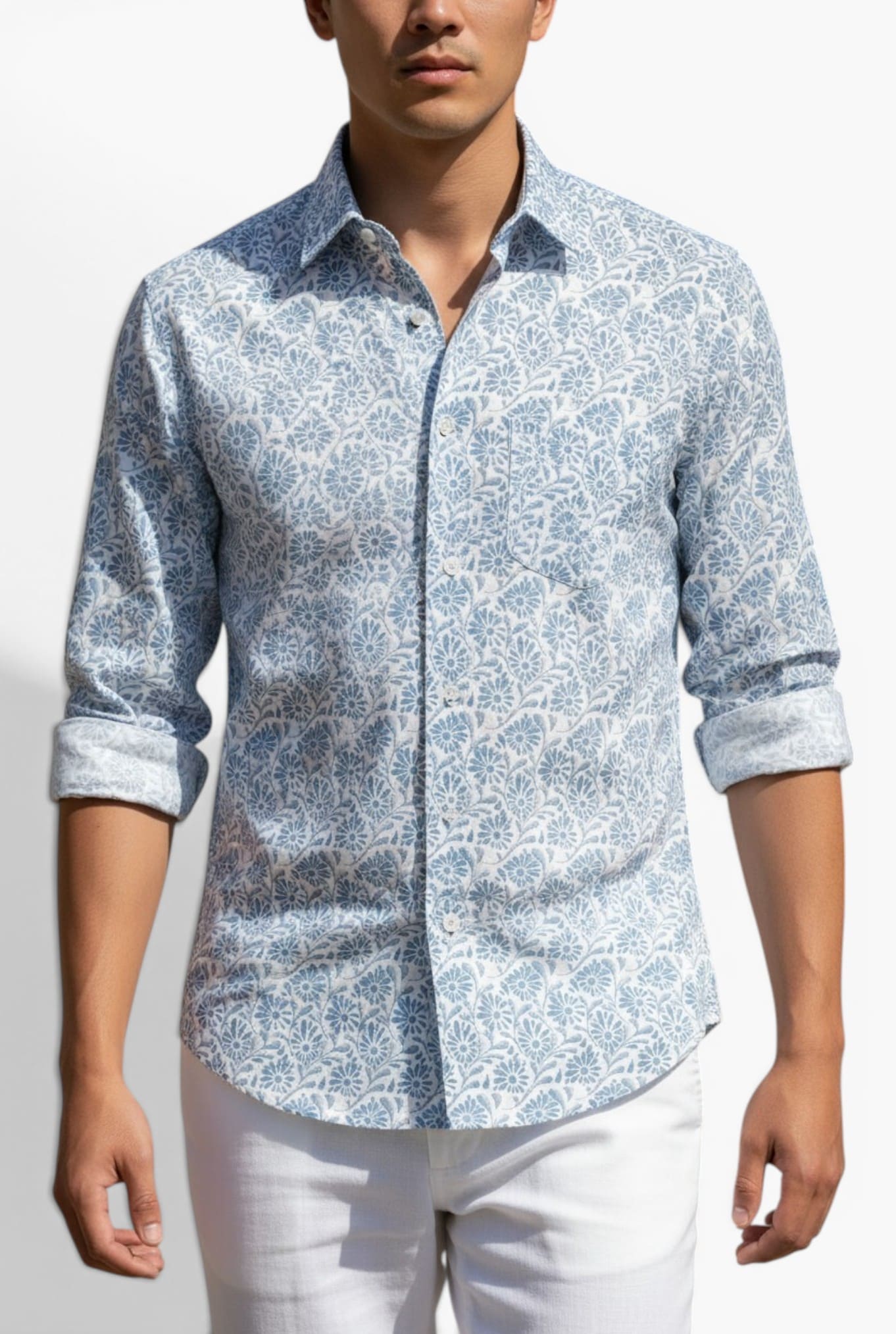 FEDELI Camicia "Sean" Panamino Voile Cotone Fantasia Blu