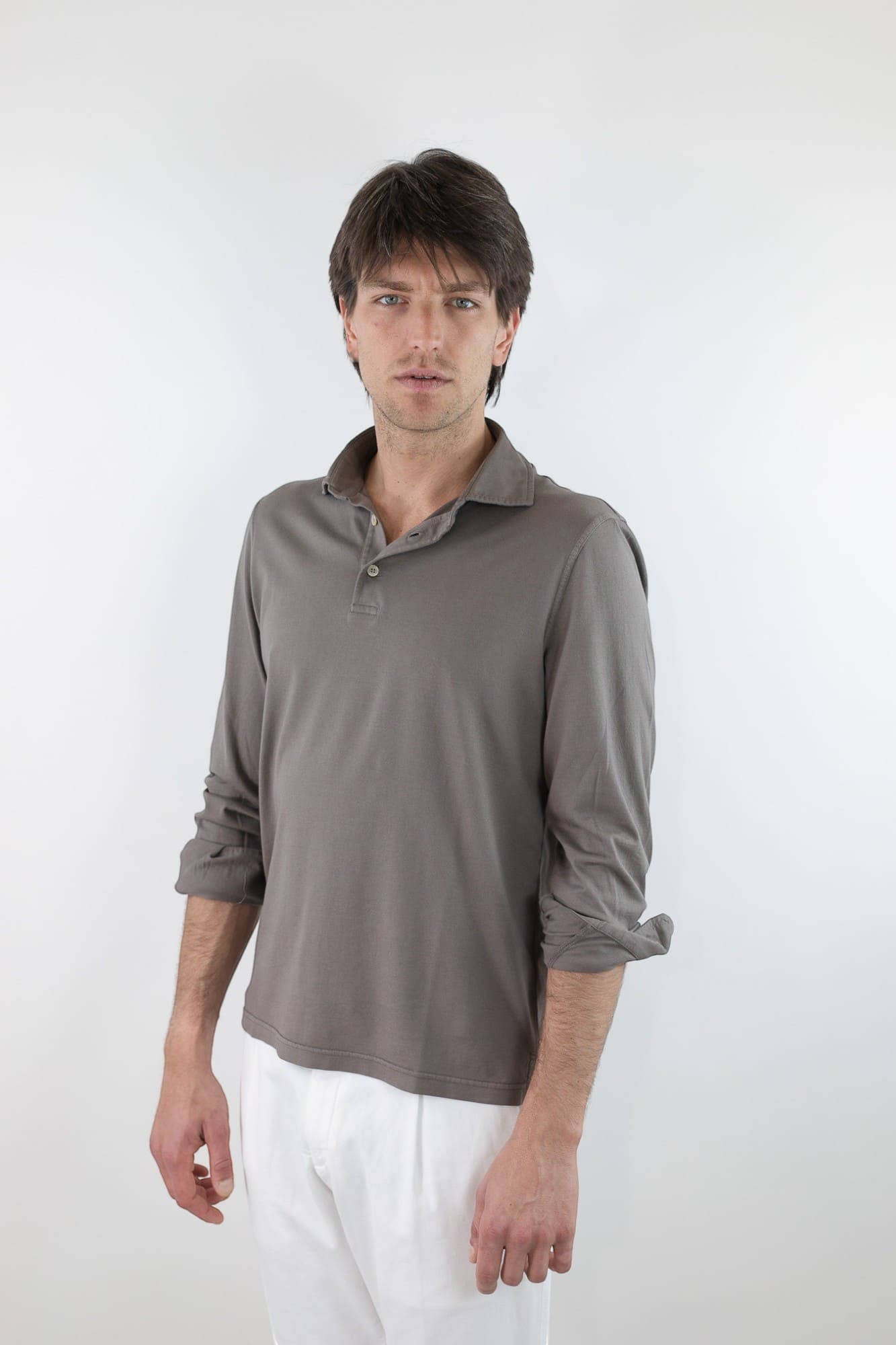 FEDELI Polo Maniche Lunghe Jersey Cotone Fango