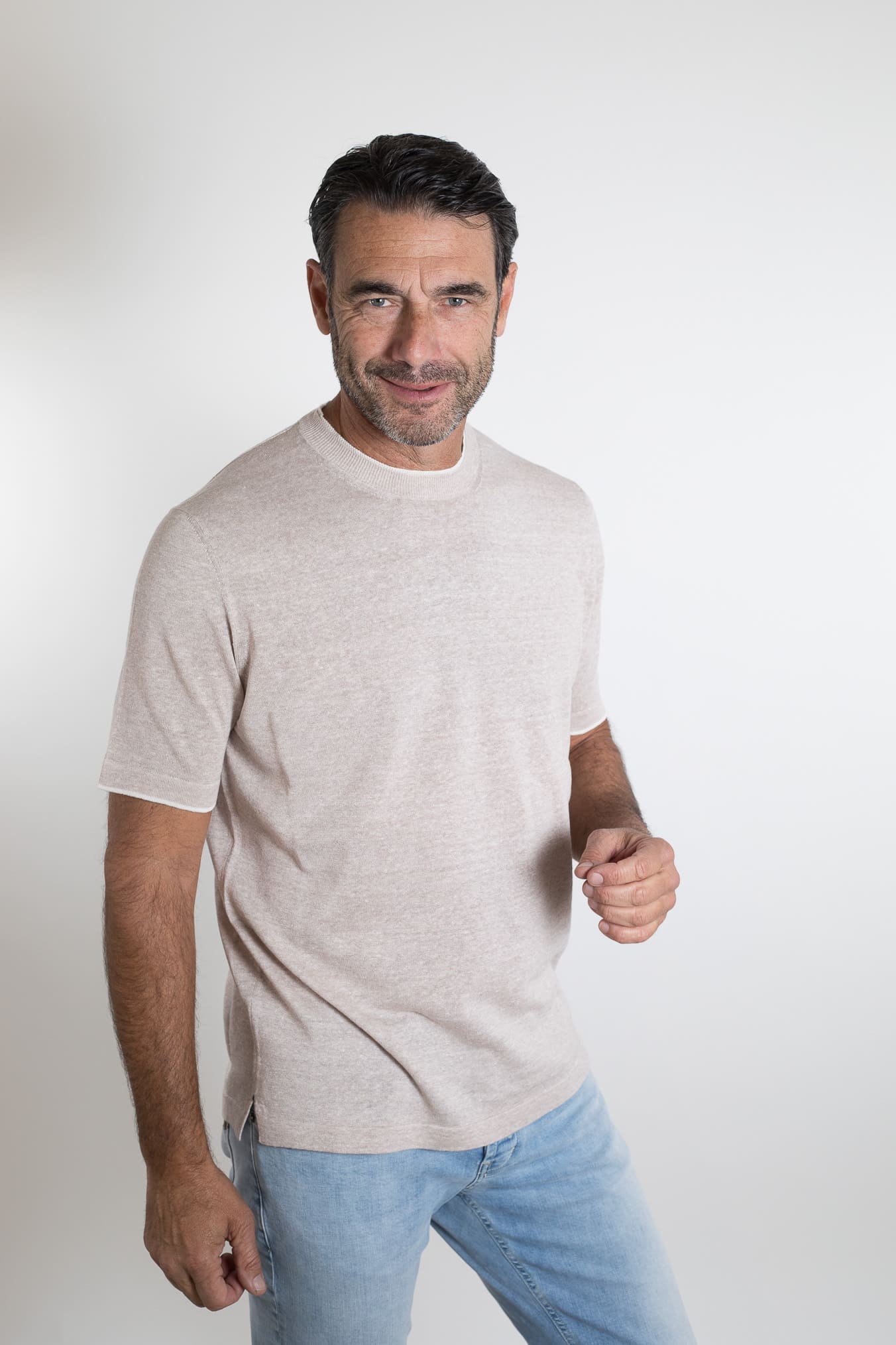 FIORONI Girocollo Doppio Collo Lino Cotone Beige Chiaro