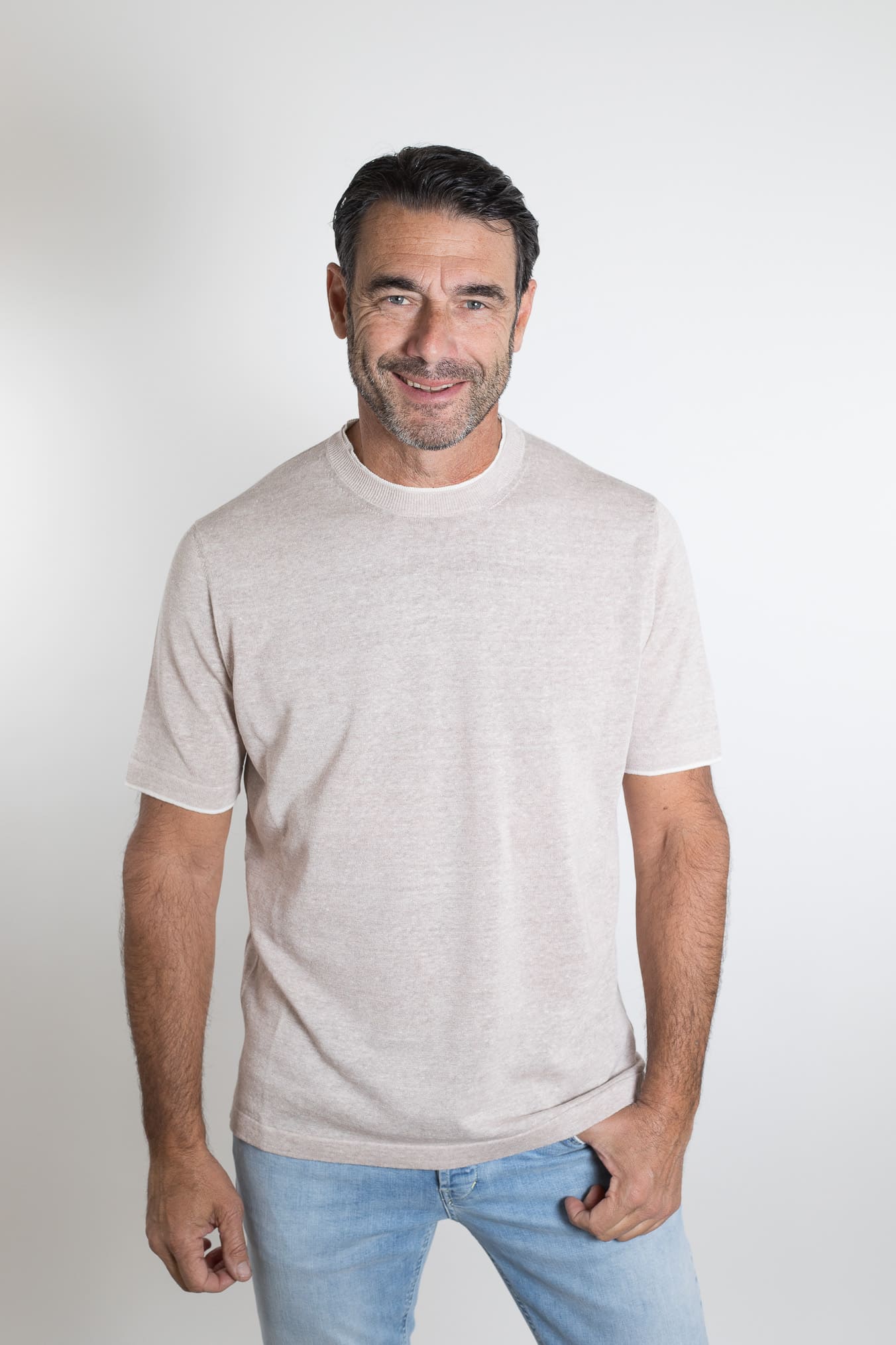 FIORONI Girocollo Doppio Collo Lino Cotone Beige Chiaro