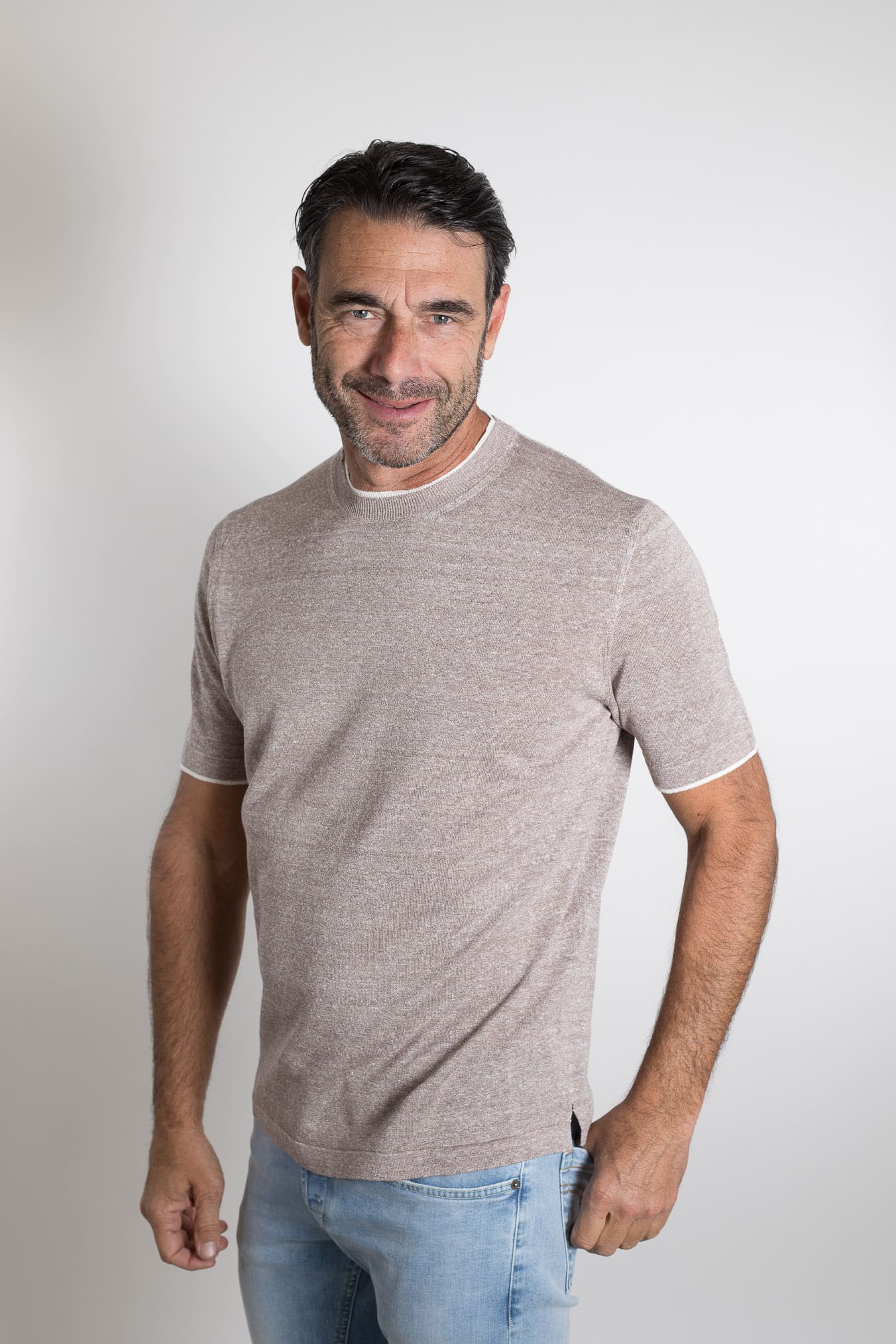 FIORONI Girocollo Doppio Collo Lino Cotone Tortora