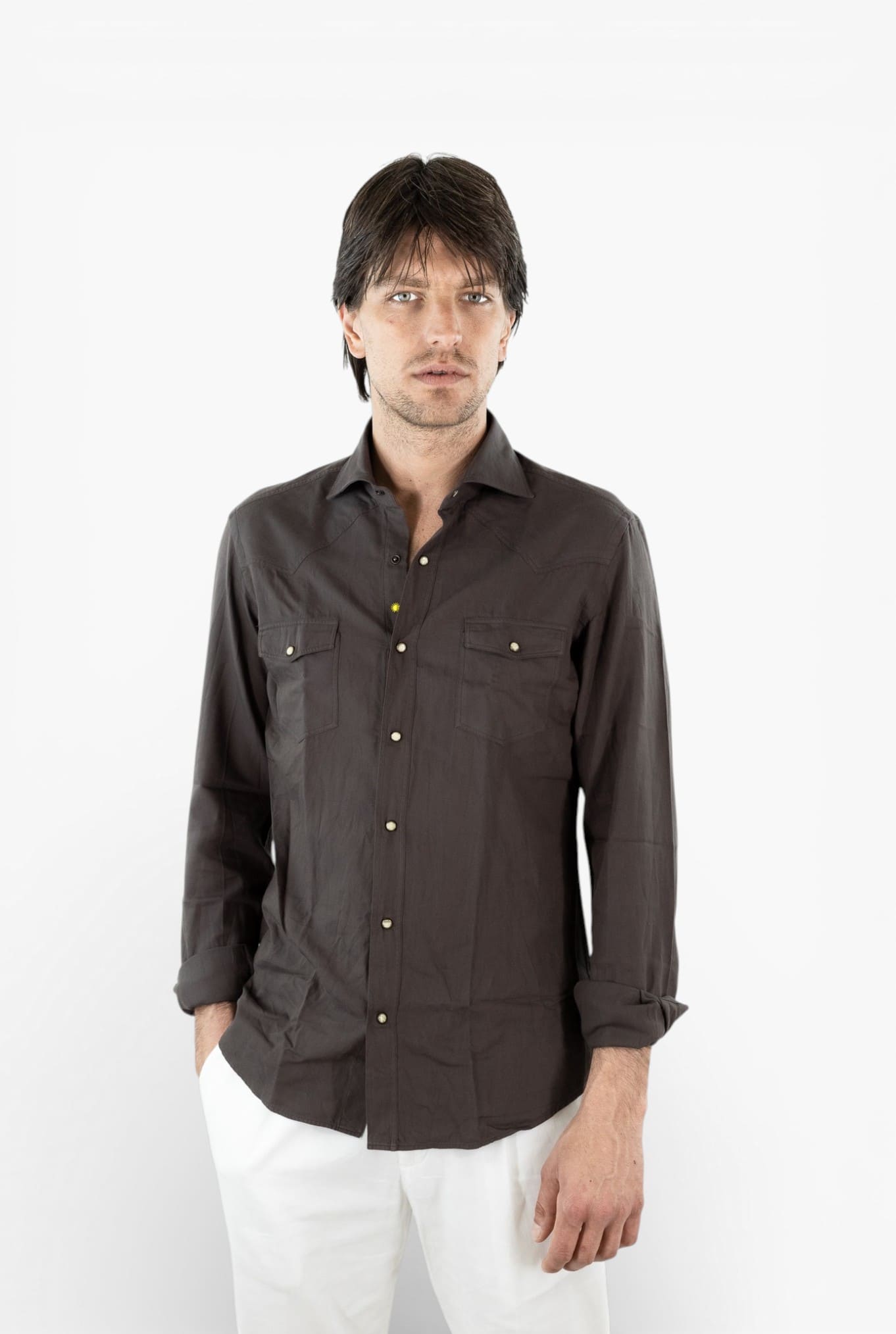 GIANNETTO PORTOFINO Camicia Texana Cotone Moro SLIM FIT