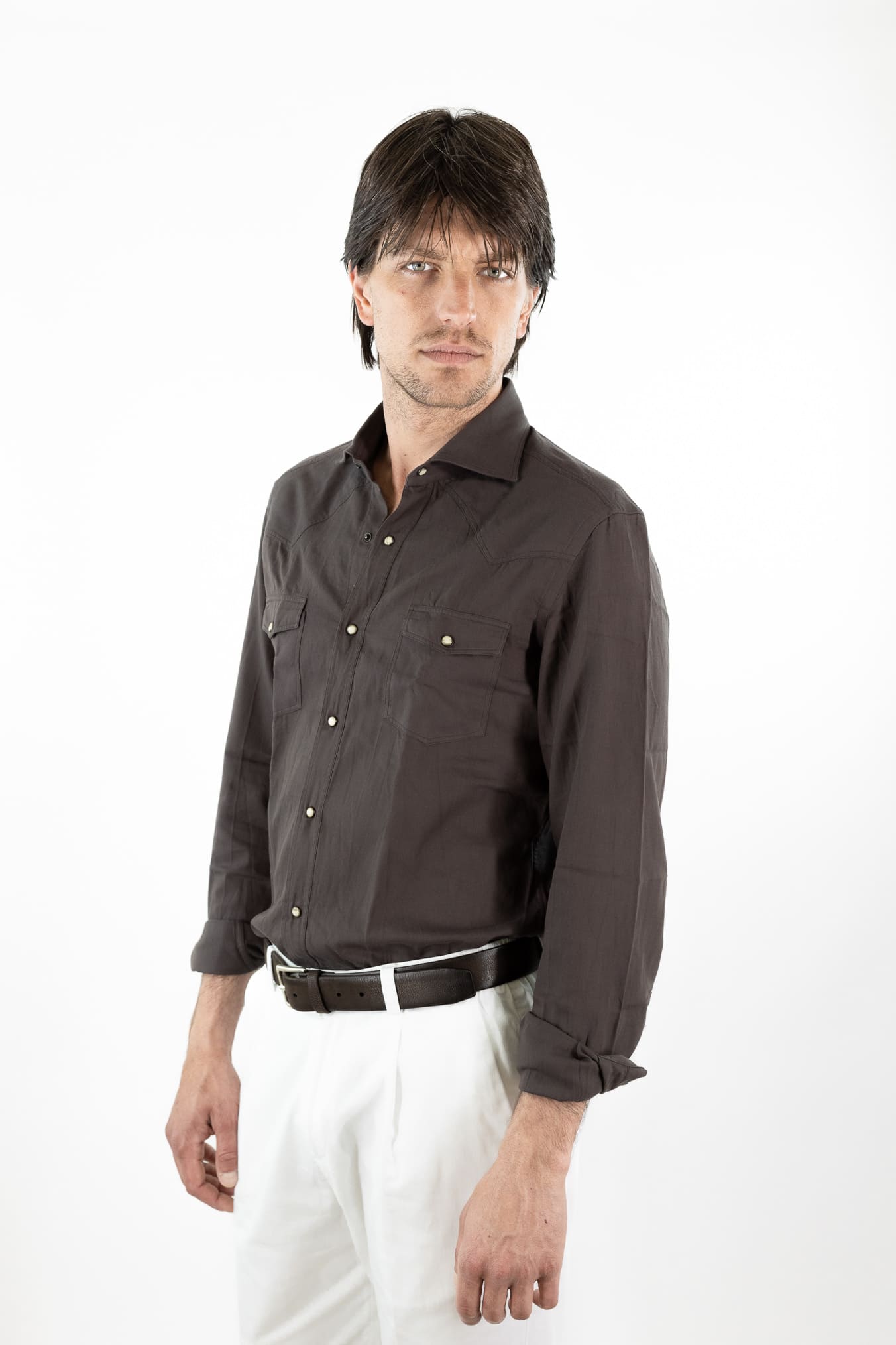 GIANNETTO PORTOFINO Camicia Texana Cotone Moro SLIM FIT