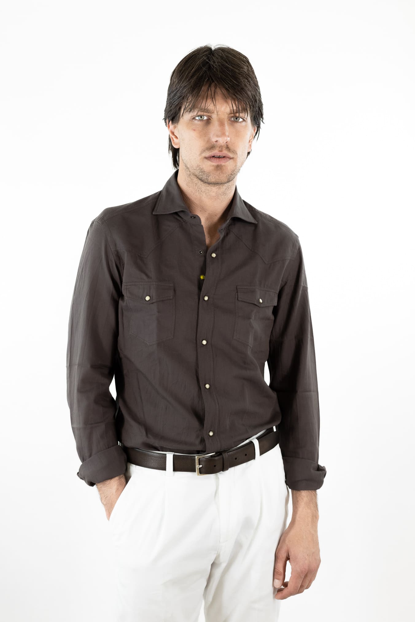 GIANNETTO PORTOFINO Camicia Texana Cotone Moro SLIM FIT