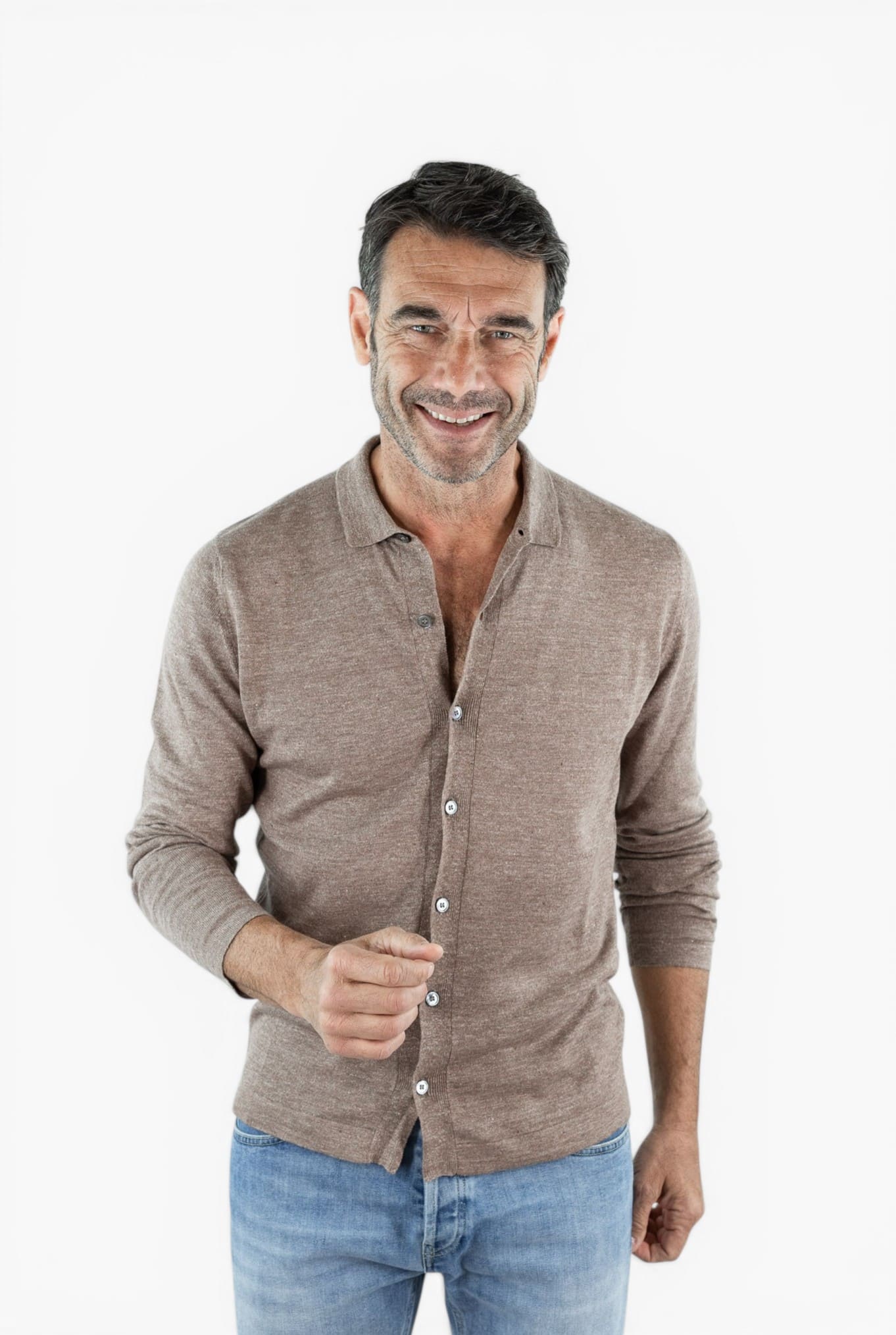 GUARINO Camicia Jersey Lino Cotone Tortora Mélange
