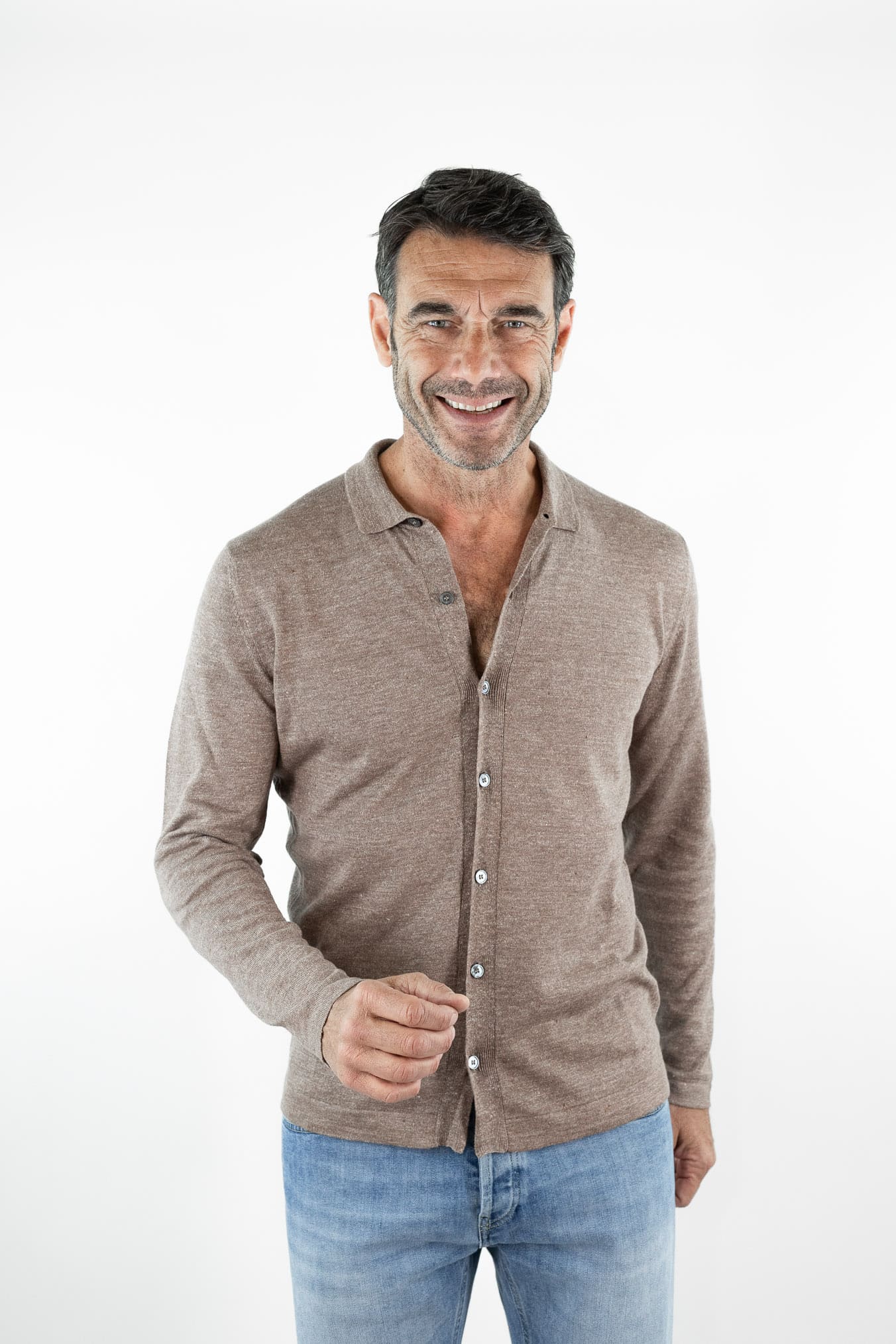 GUARINO Camicia Jersey Lino Cotone Tortora Mélange