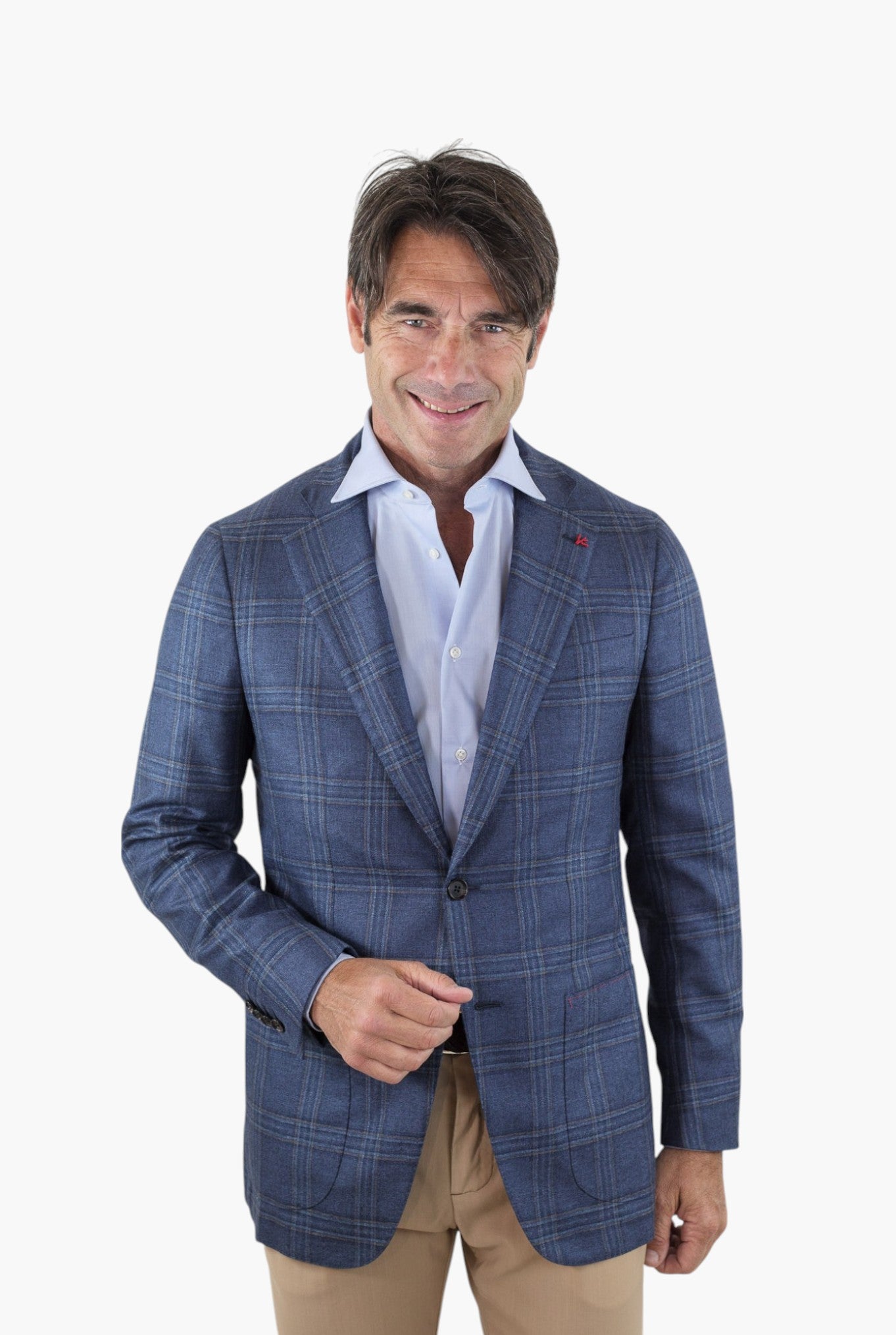 ISAIA Giacca Check Blu Seta e Cashmere