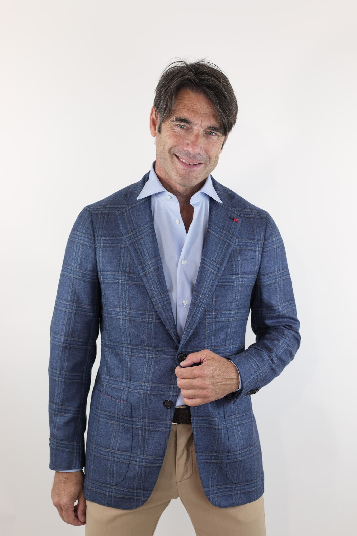 ISAIA Giacca Check Blu Seta e Cashmere