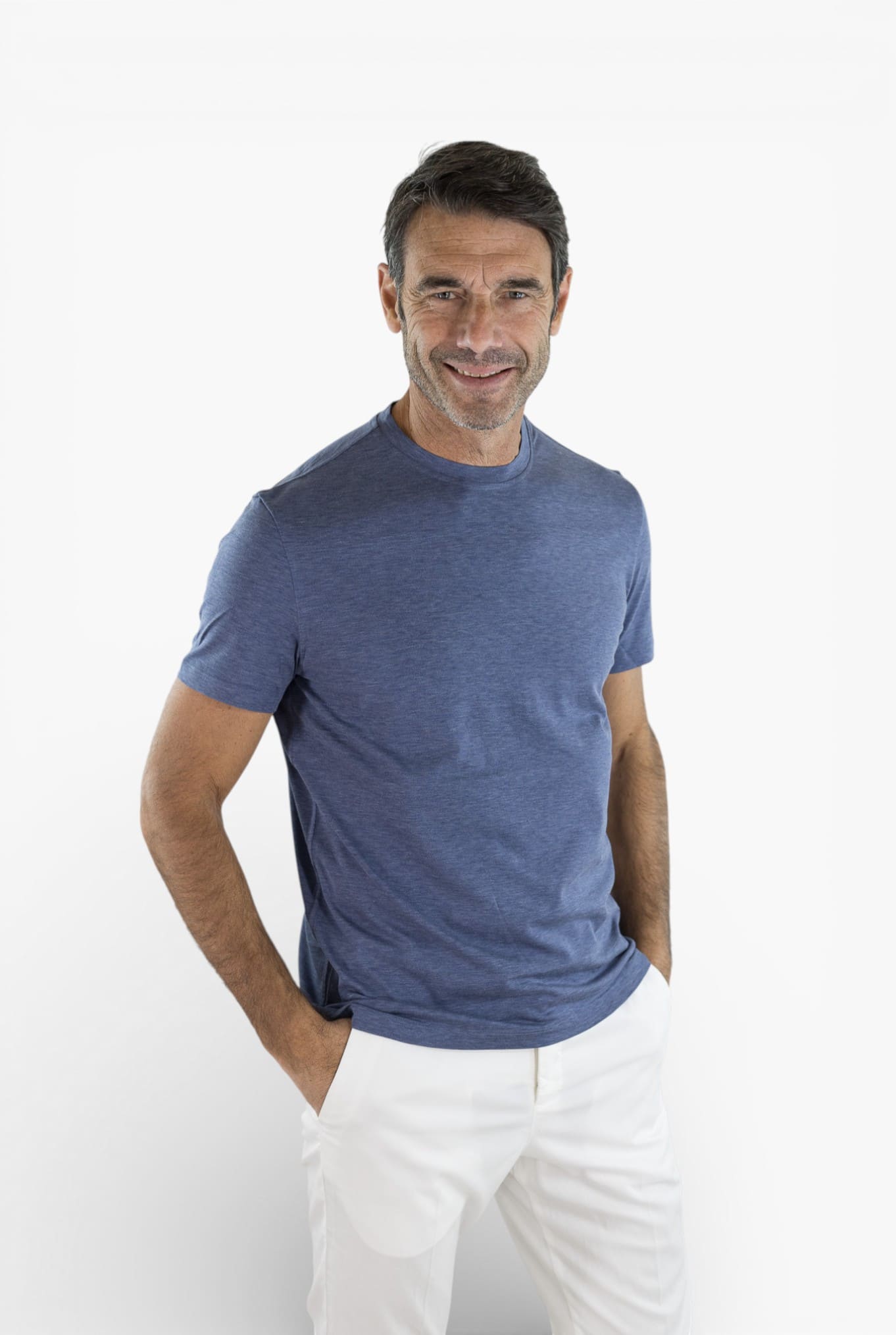 ISAIA T-Shirt Seta e Cotone Blu Denim