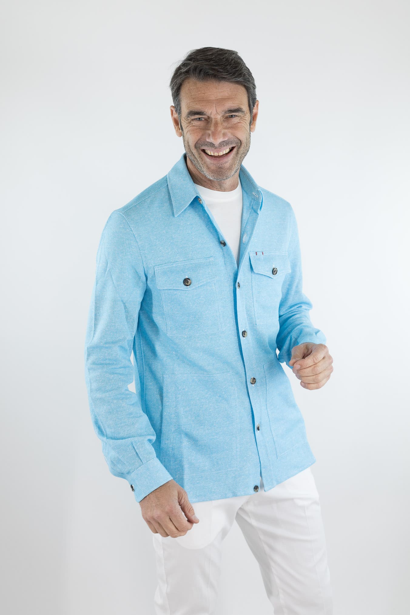 ISAIA Overshirt Lino Cotone Turchese Mélange