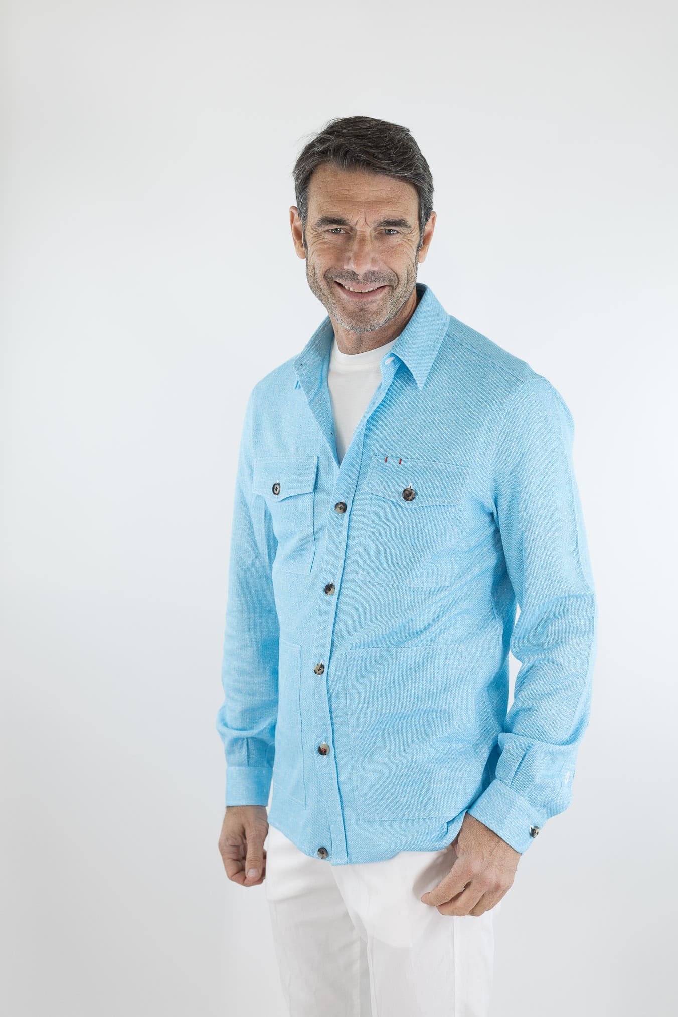 ISAIA Overshirt Lino Cotone Turchese Mélange