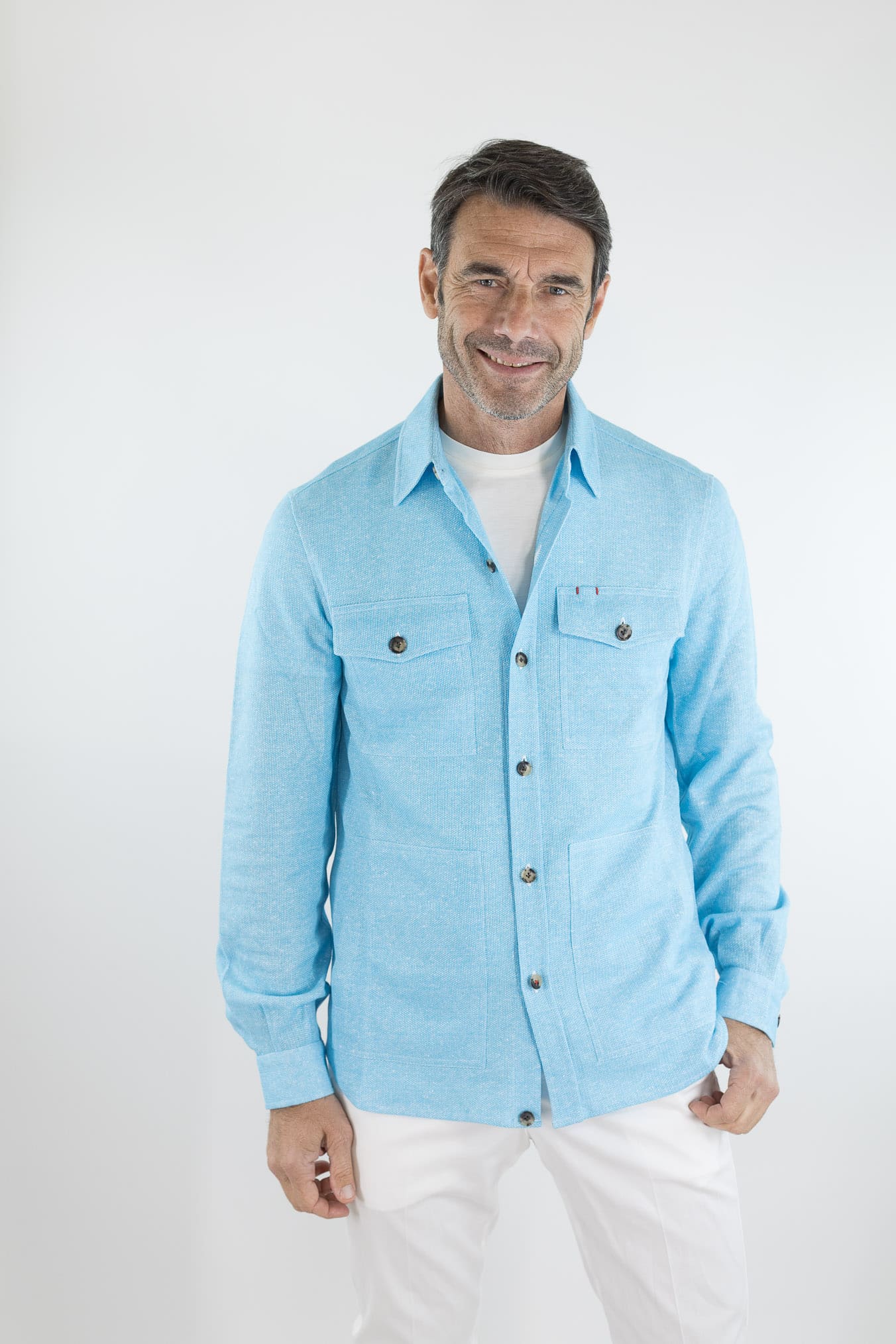 ISAIA Overshirt Lino Cotone Turchese Mélange