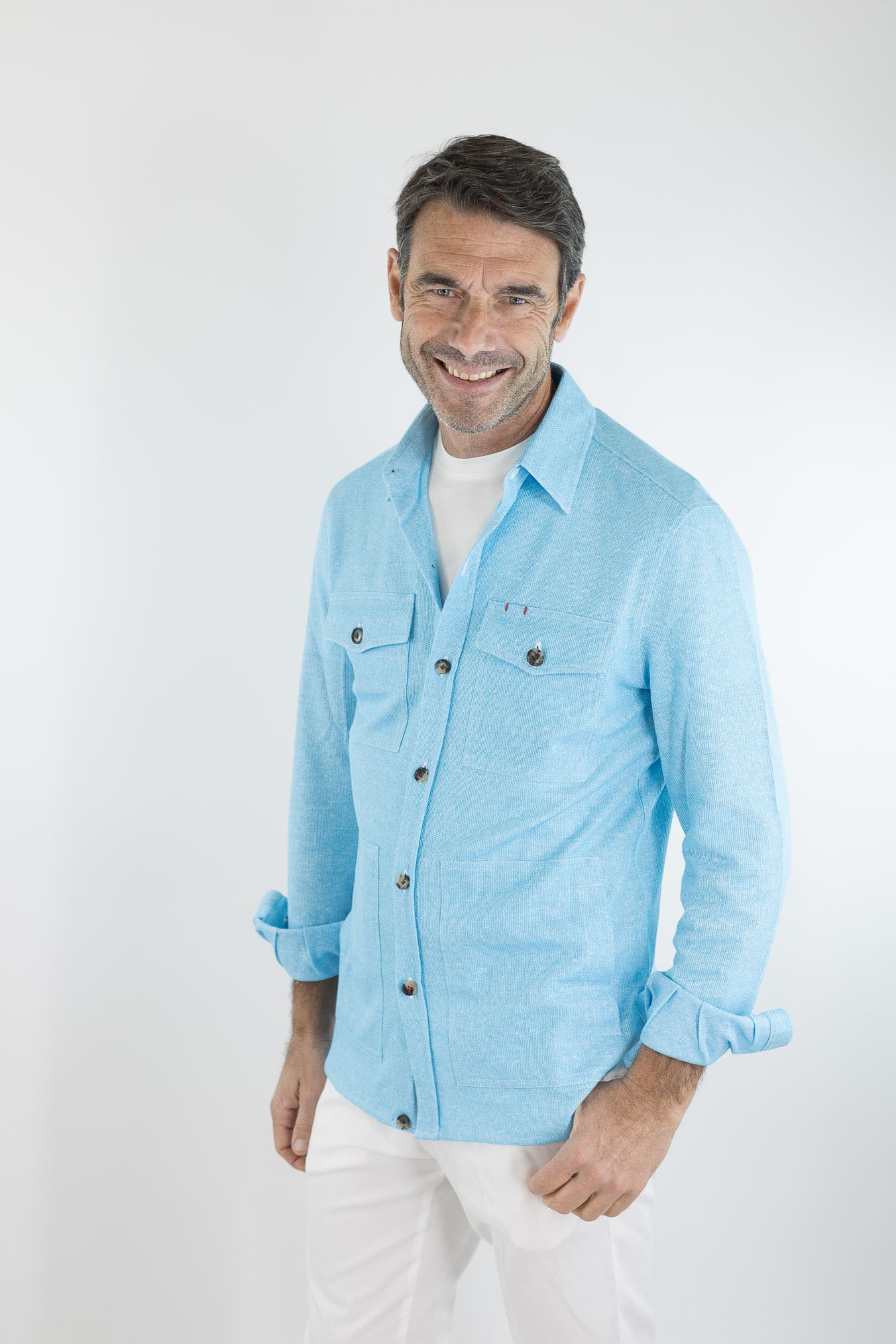 ISAIA Overshirt Lino Cotone Turchese Mélange
