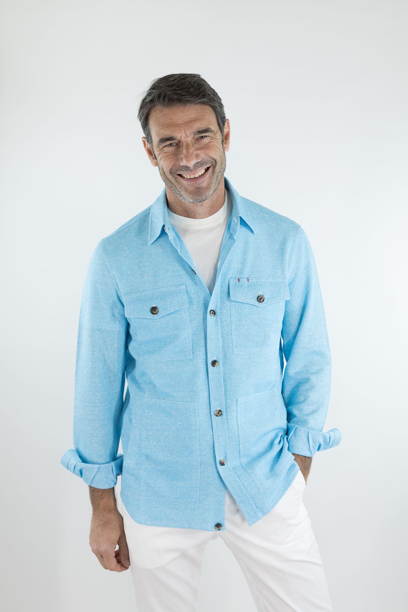 ISAIA Overshirt Lino Cotone Turchese Mélange