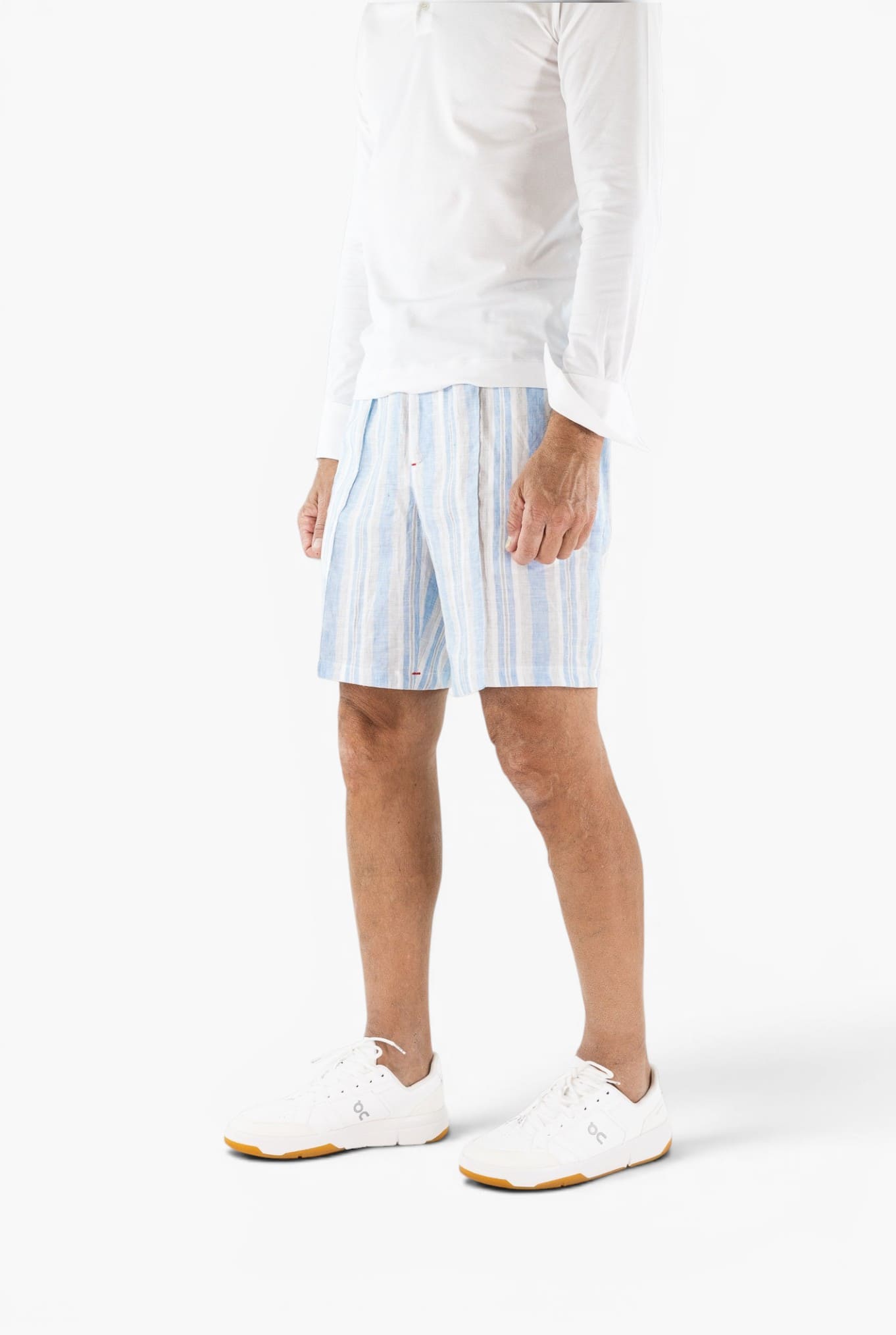 ISAIA Bermuda Lino Righe Celeste Bianco