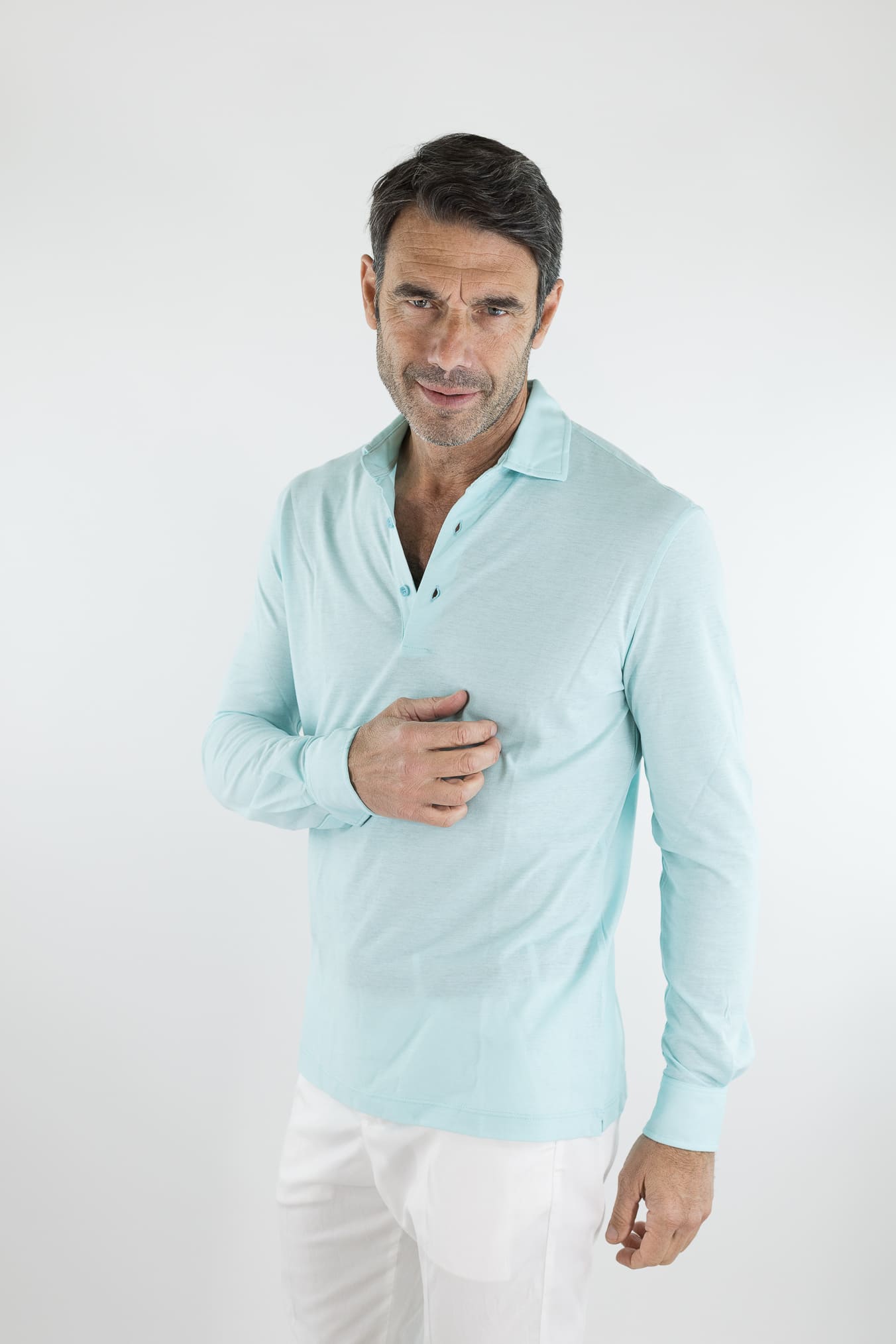 KIRED Polo Maniche Lunghe Cotone Crêpe Celeste