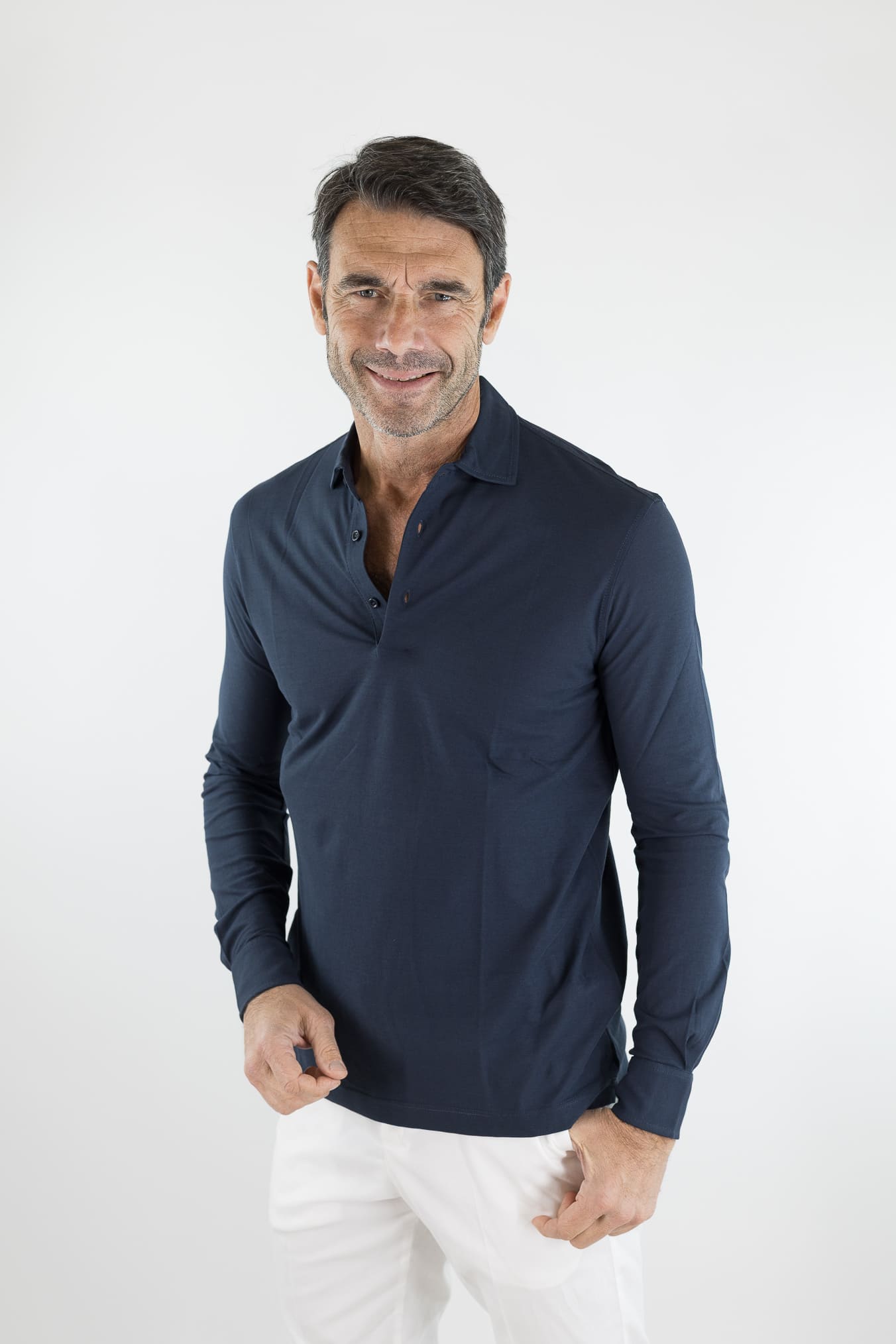 KIRED Polo Maniche Lunghe Cotone Crêpe Blu