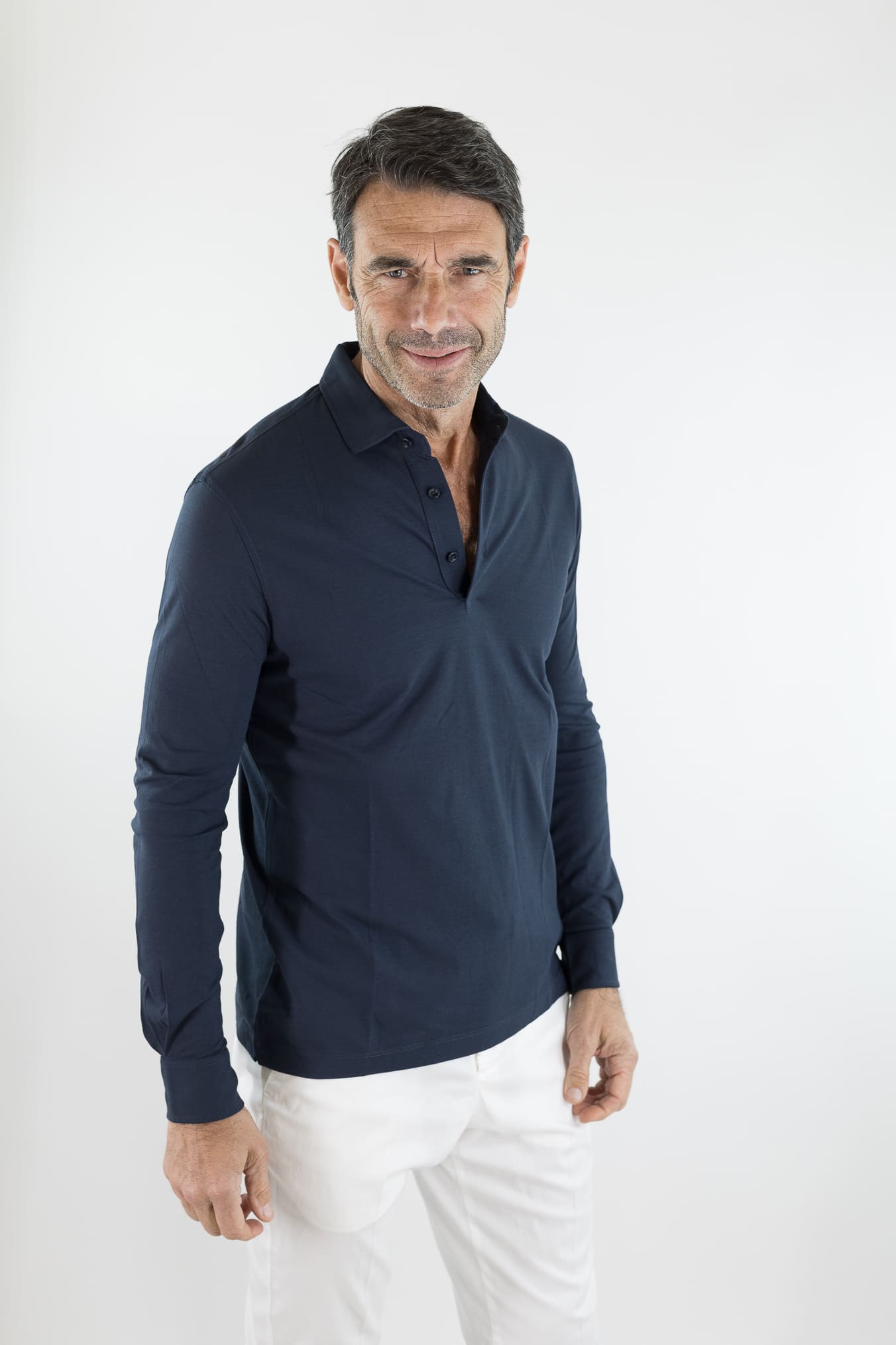 KIRED Polo Maniche Lunghe Cotone Crêpe Blu