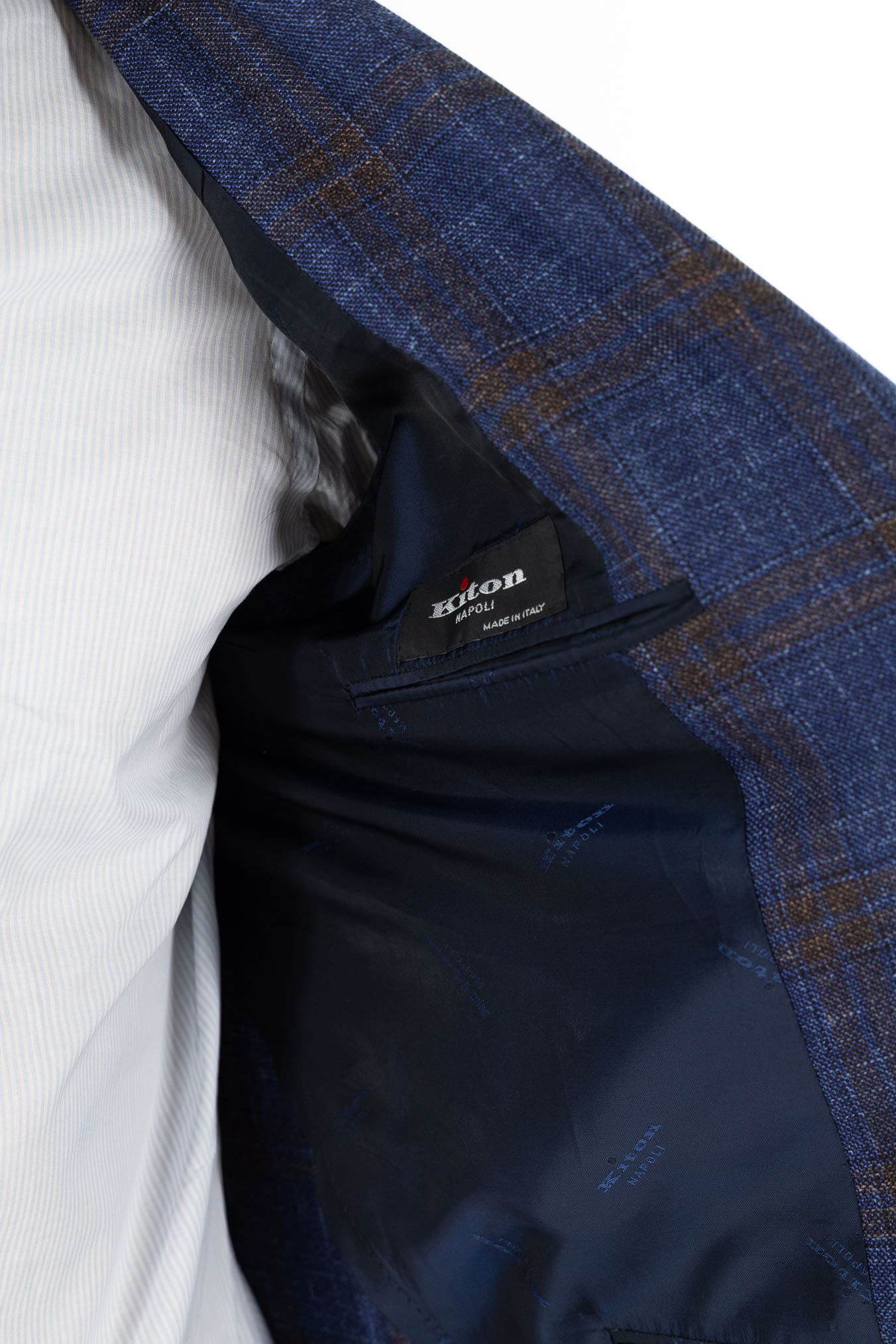 KITON Giacca Check Lana Seta Lino Blu Marrone