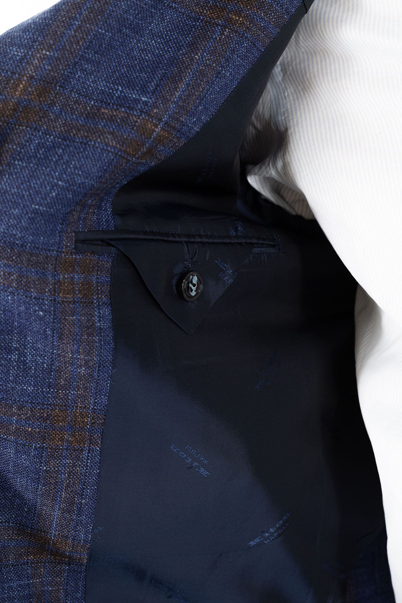 KITON Giacca Check Lana Seta Lino Blu Marrone