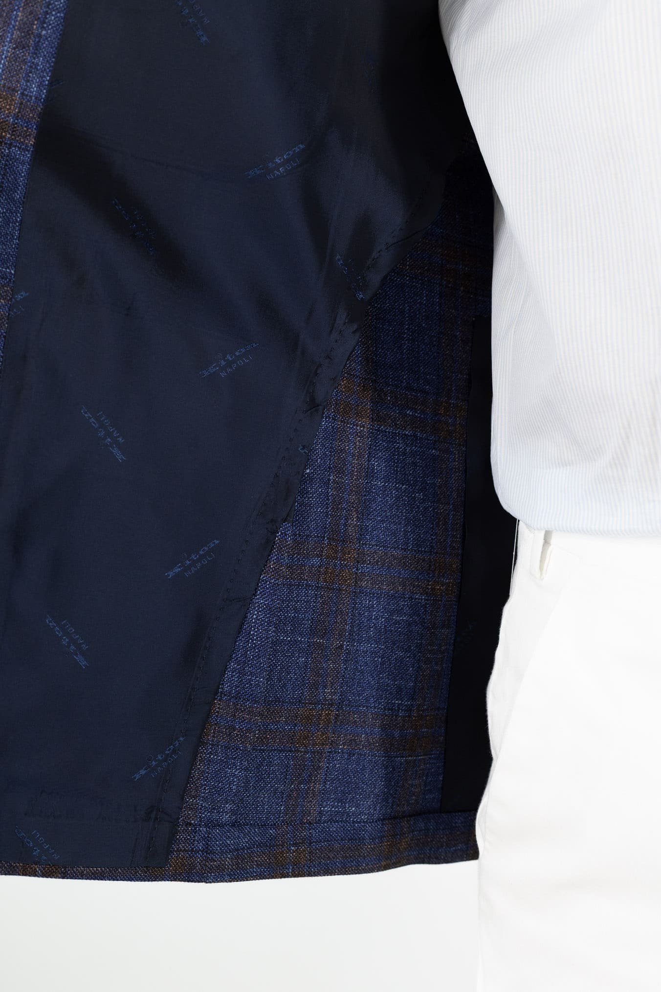 KITON Giacca Check Lana Seta Lino Blu Marrone