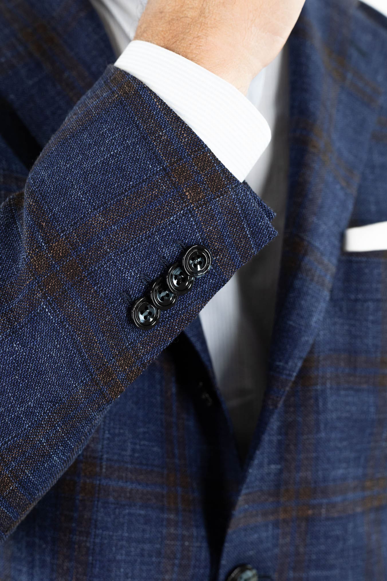 KITON Giacca Check Lana Seta Lino Blu Marrone