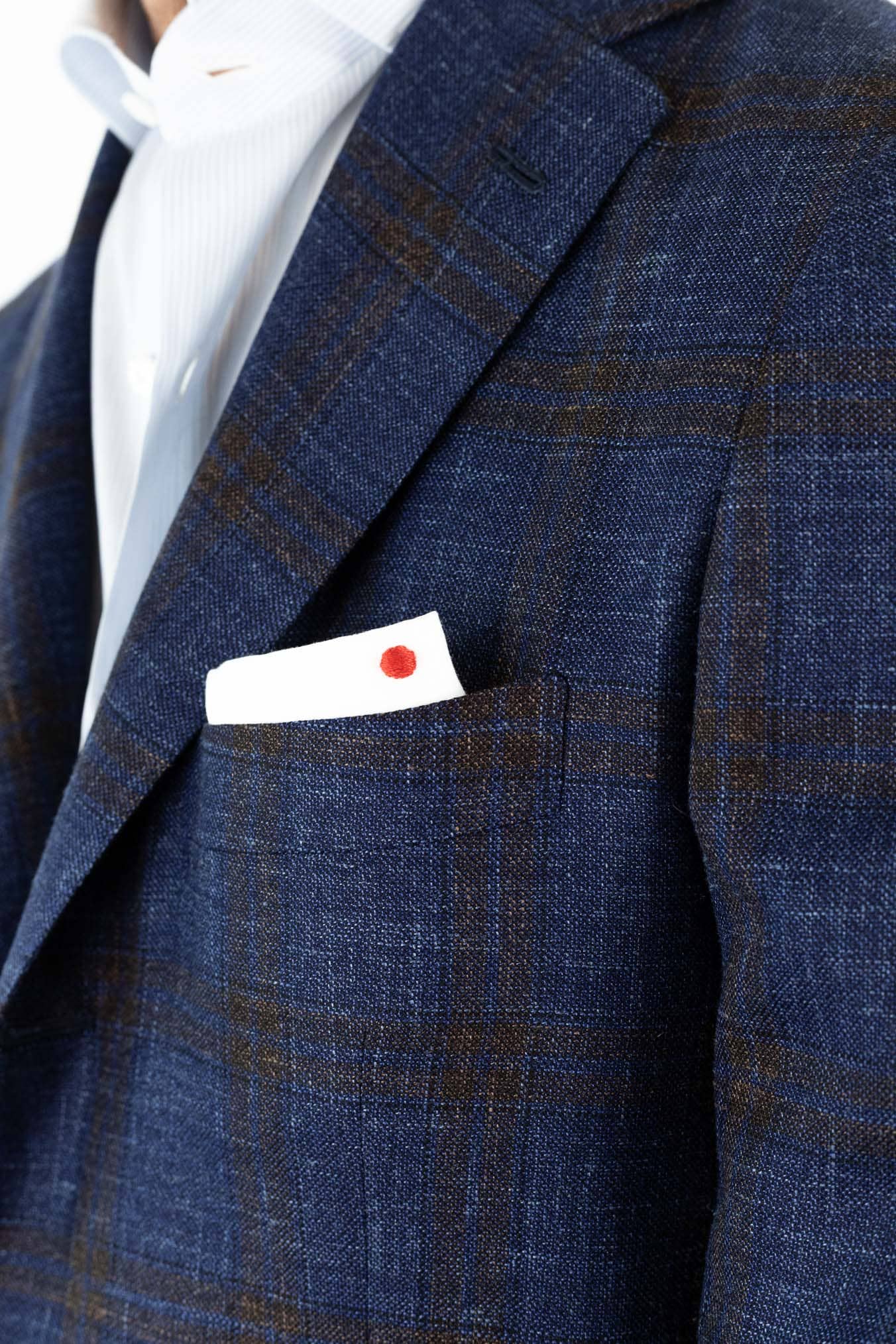 KITON Giacca Check Lana Seta Lino Blu Marrone