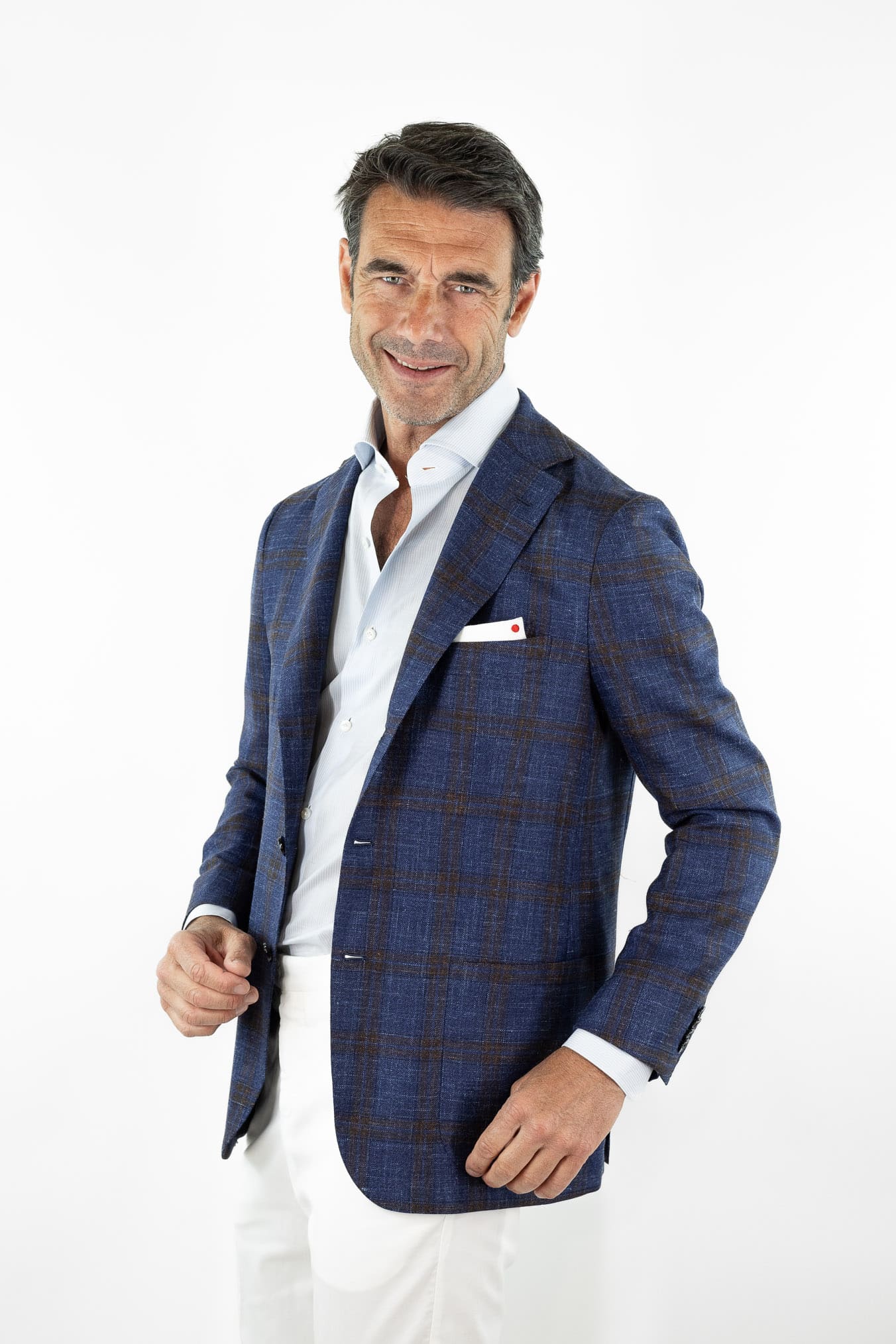 KITON Giacca Check Lana Seta Lino Blu Marrone