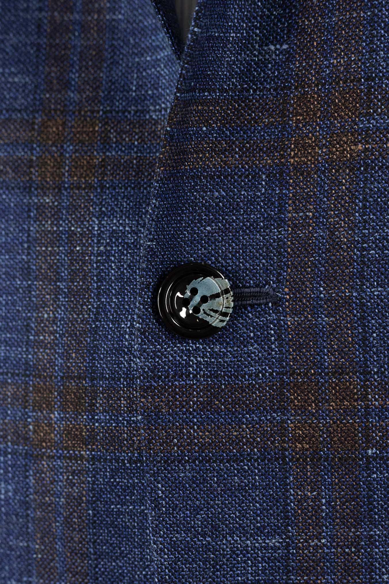 KITON Giacca Check Lana Seta Lino Blu Marrone