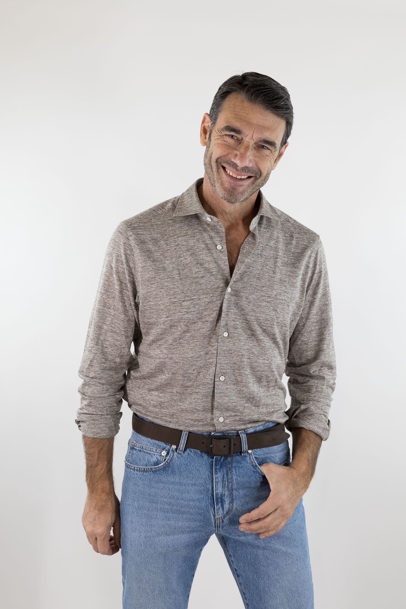 LUCIANO BARBERA Camicia Jersey Lino Tortora Mélange