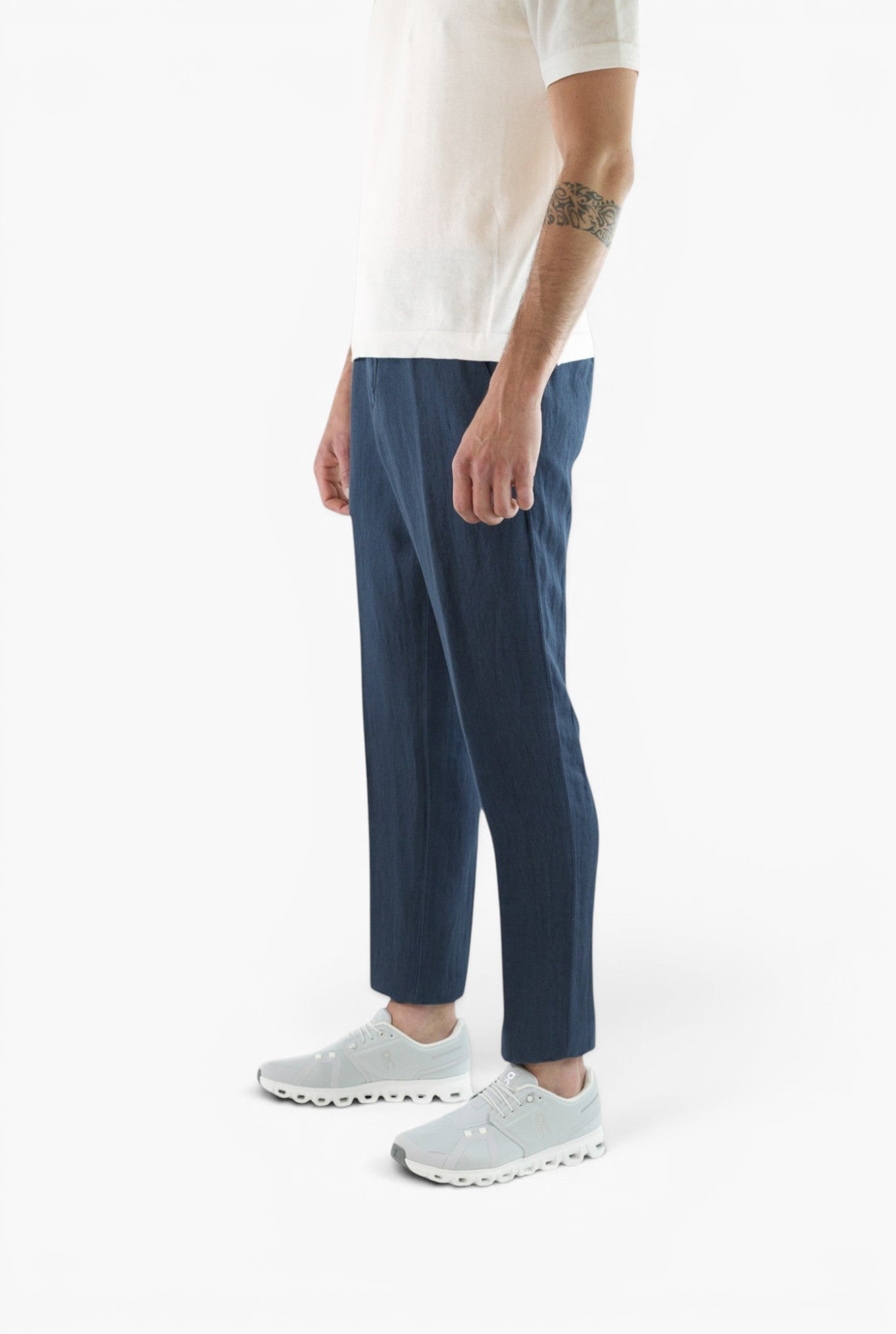 MYTHS Pantaloni Spigati Cotone Lino Blu Medio