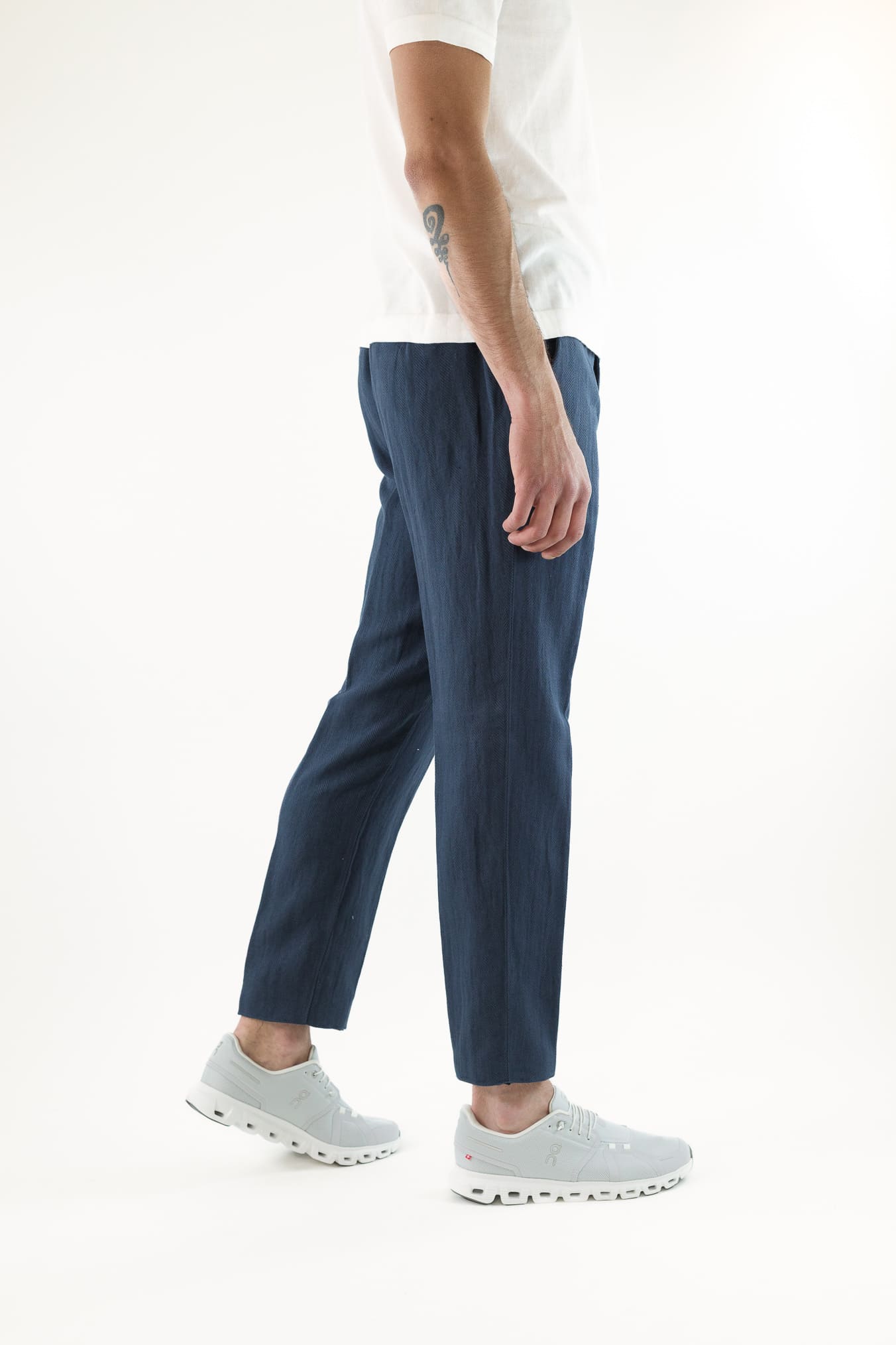 MYTHS Pantaloni Spigati Cotone Lino Blu Medio