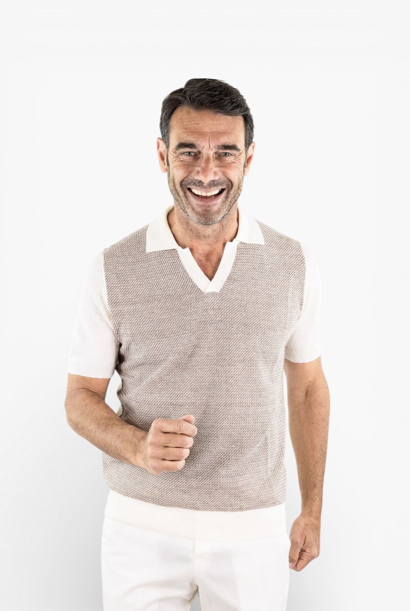 OTTAVIANI Polo Skipper Bicolore Cotone Lino Beige/Panna
