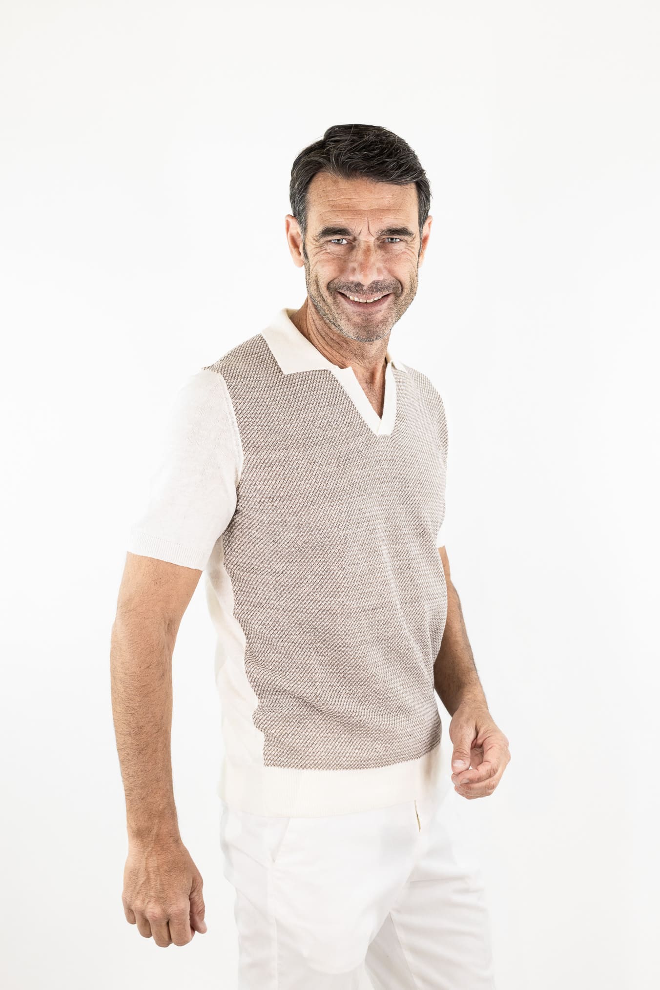 OTTAVIANI Polo Skipper Bicolore Cotone Lino Beige/Panna