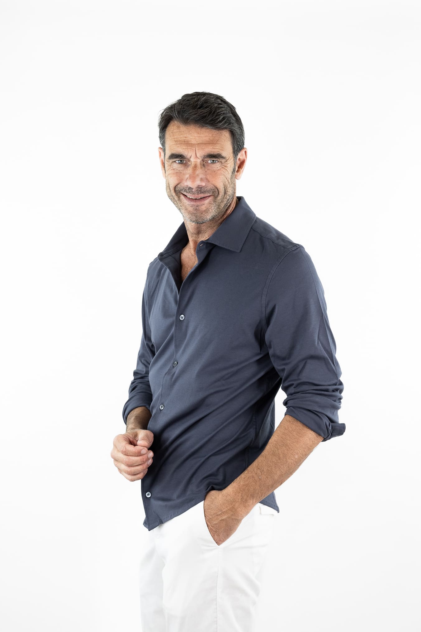 PIACENZA CASHMERE Camicia Jersey Cotone Interlock Blu Ardesia