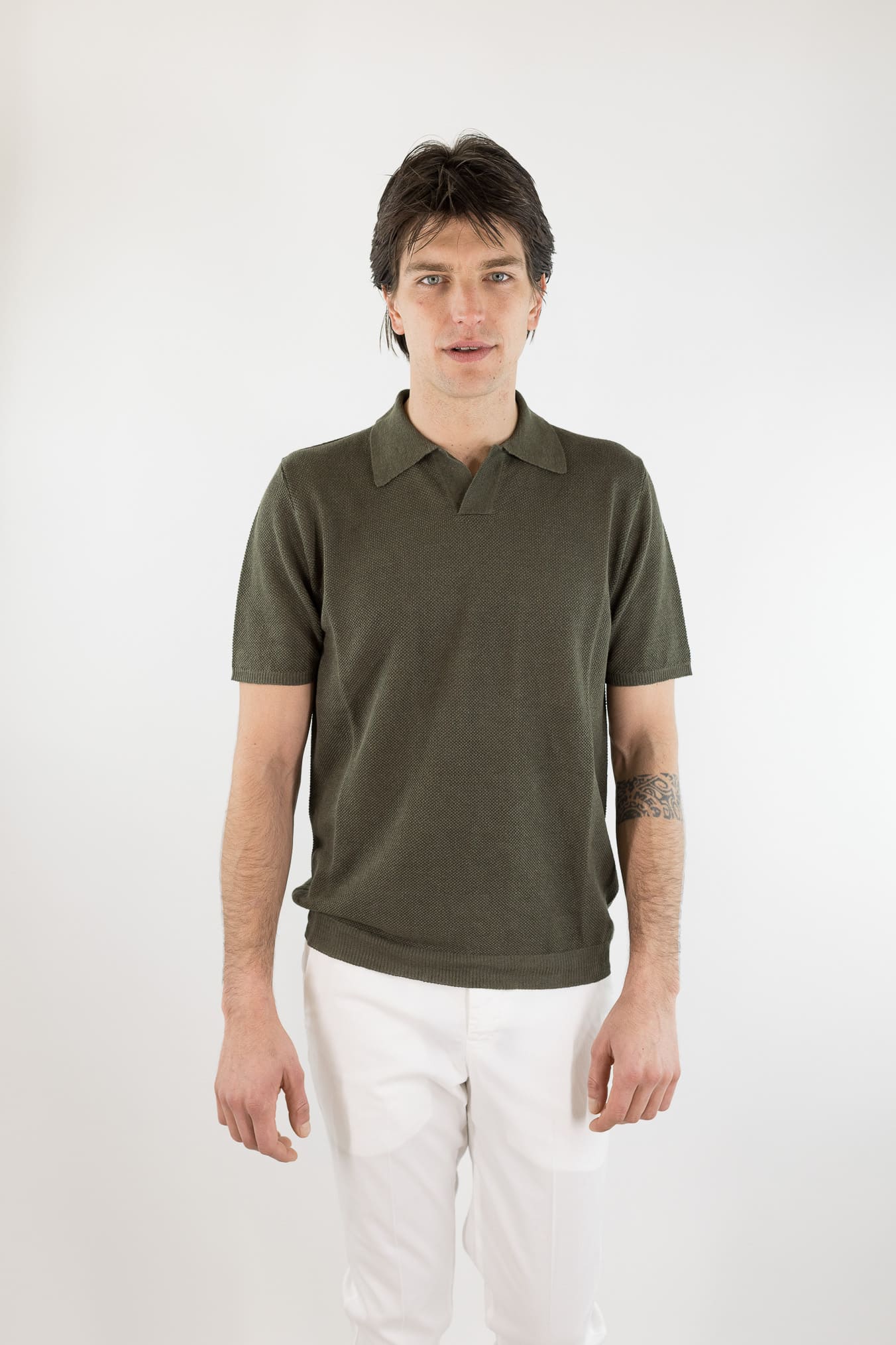ROBERTO COLLINA Polo Skipper Lino Piquet Verde Militare