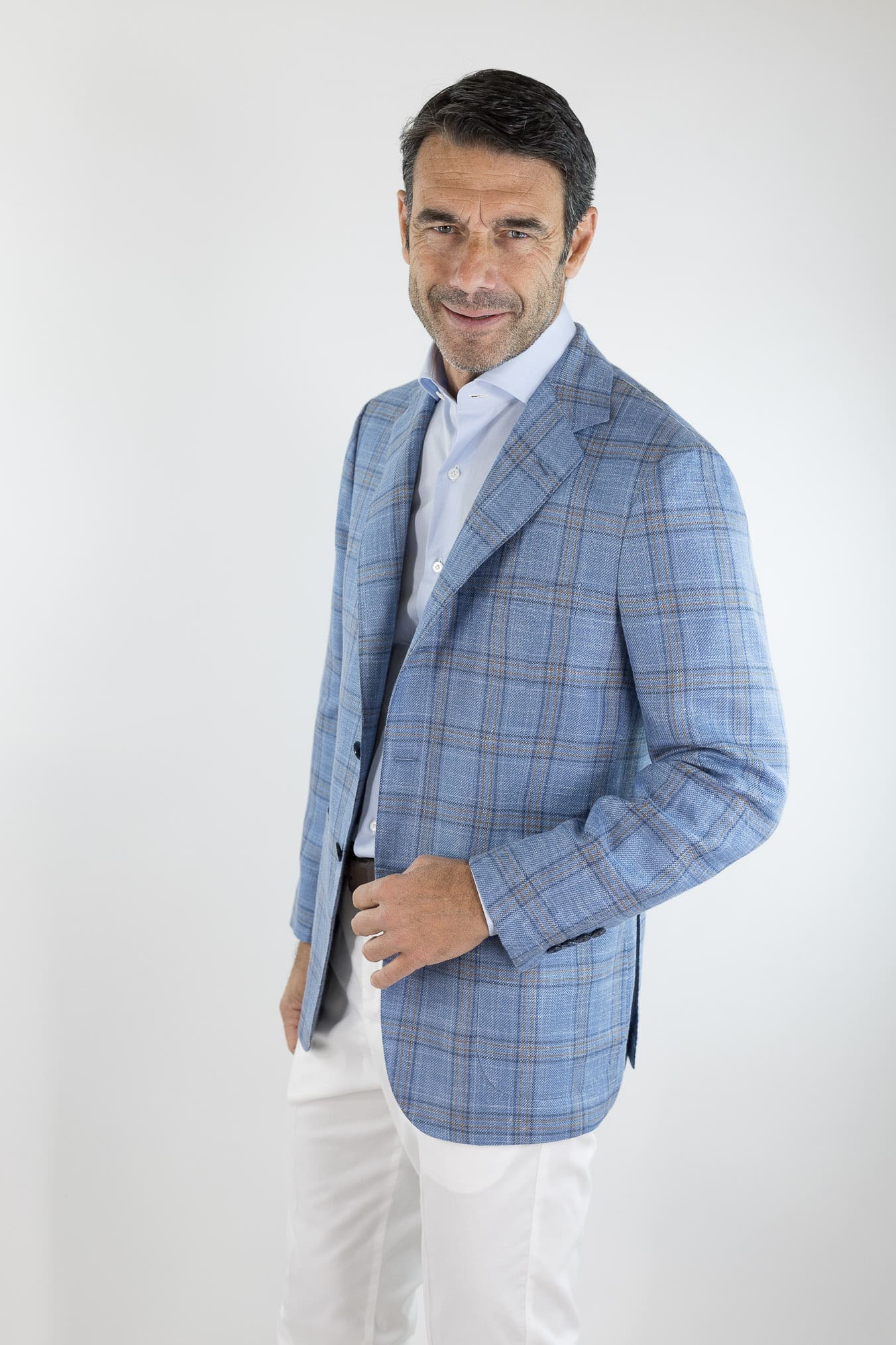 SARTORIO Giacca Check Lana Seta Lino Azzurro